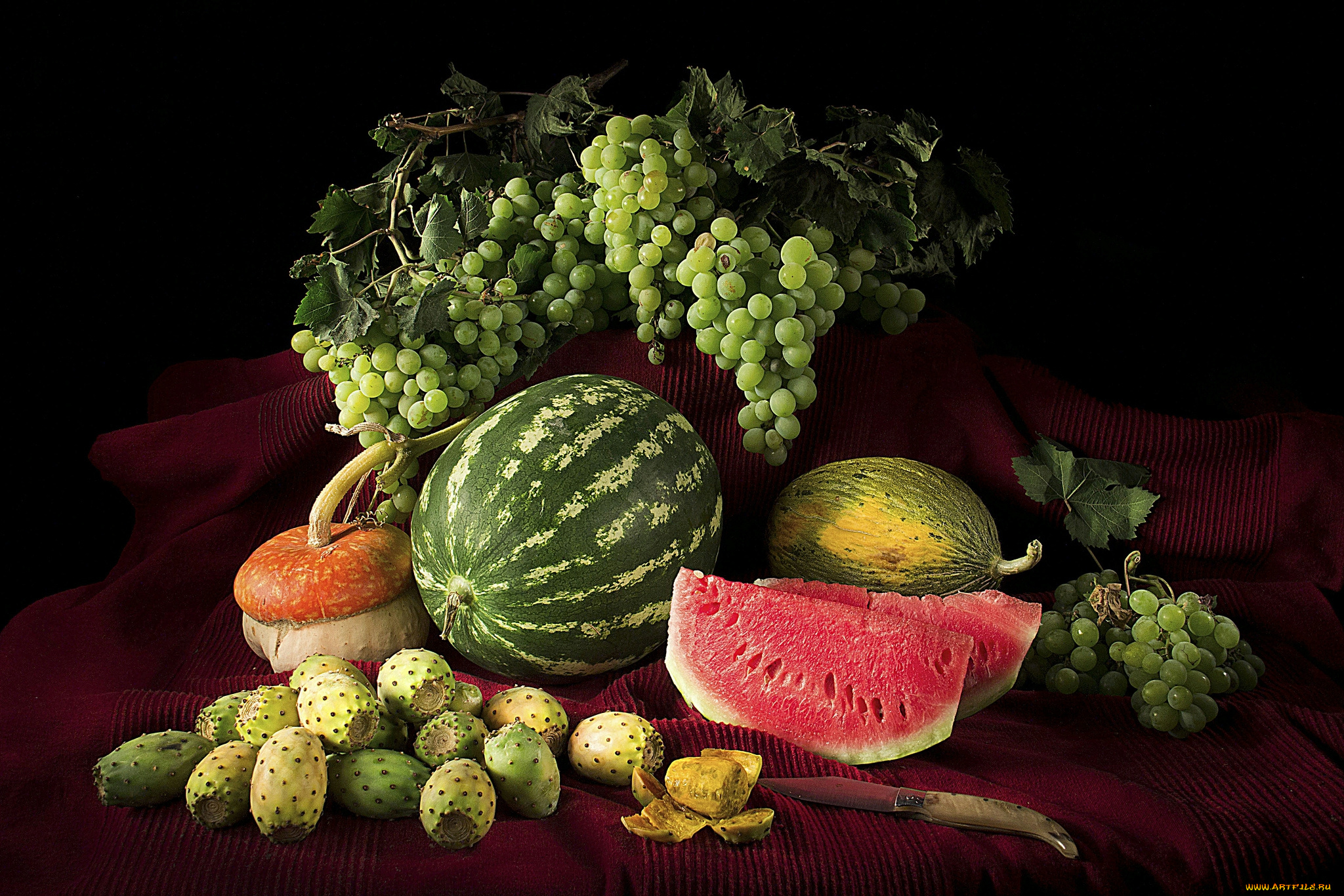 еда, фрукты, и, овощи, вместе, виноград, тыква, арбуз, орехи