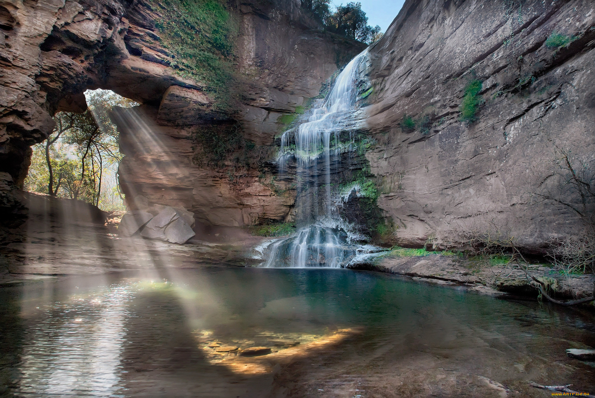 природа, водопады, лес, река, водопад