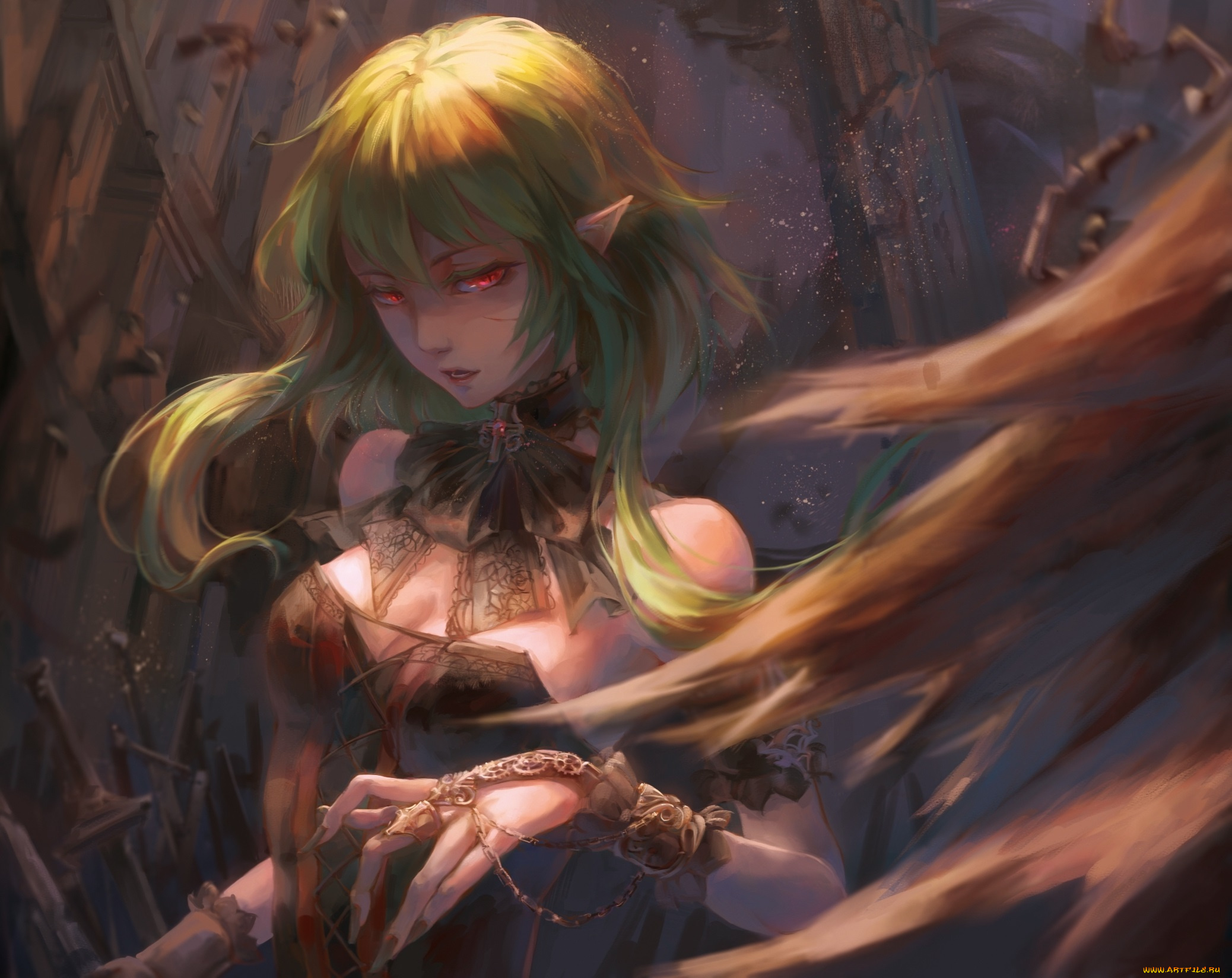 аниме, vocaloid, эльф, ушки, крылья, gumi, девушка, jlien-, арт