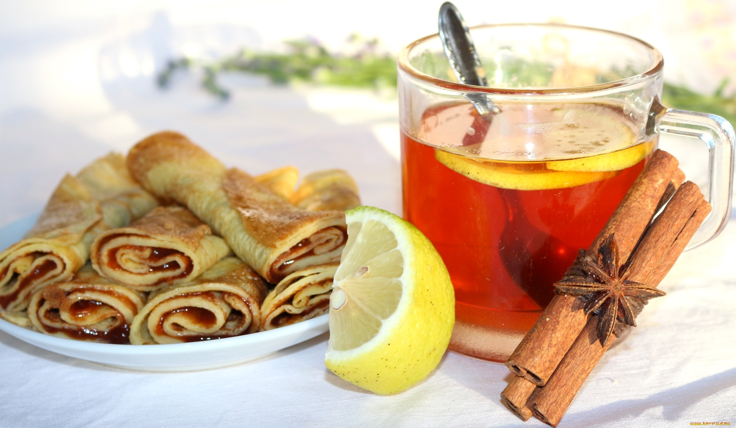 еда, блины, , оладьи, блинчики, джем, чай, лимон, корица, бадьян