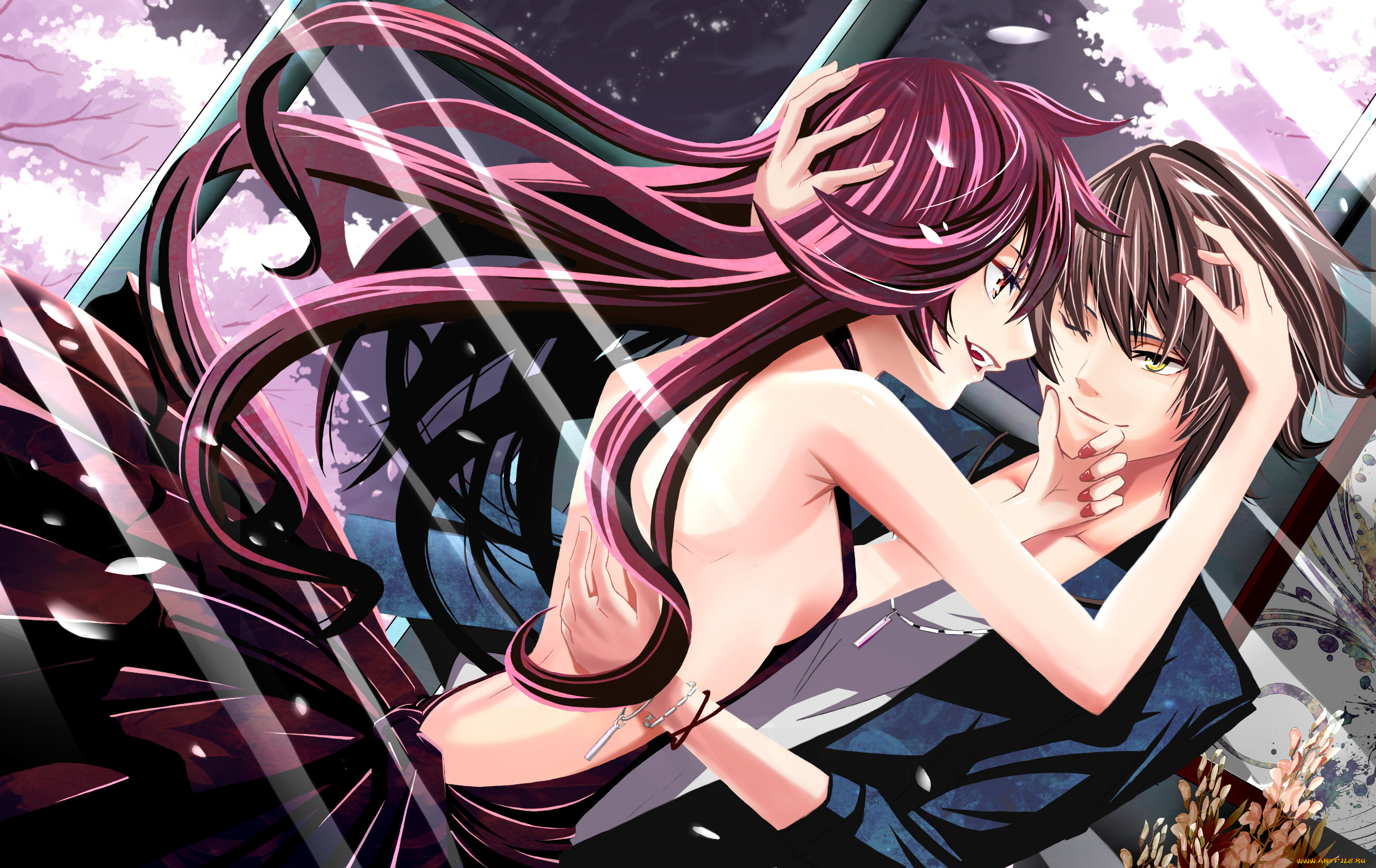 аниме, unknown, , другое, окна, весна, лепестки, сакура, солнечные, лучи, парень, девушка, mikoma, sanagi, арт