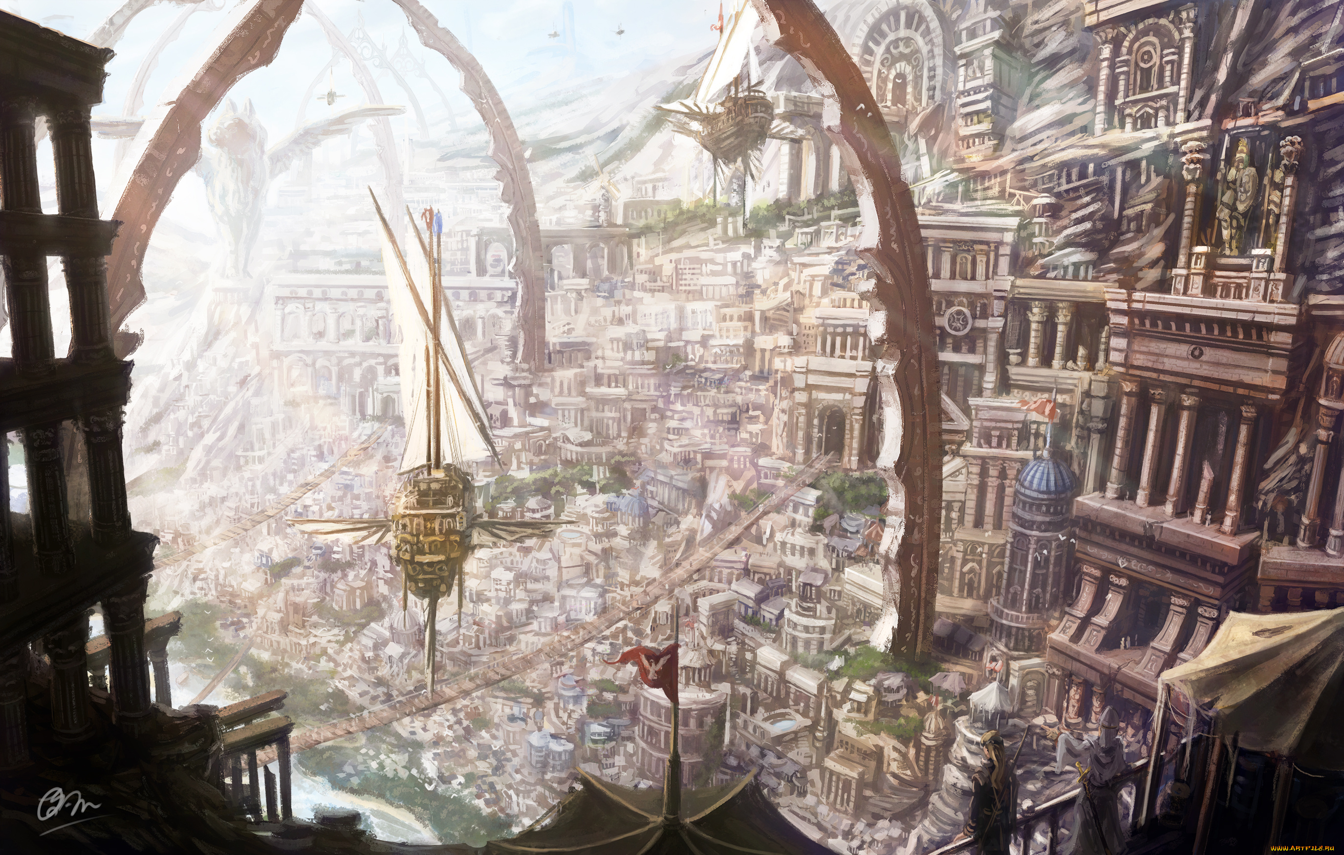 аниме, город, , улицы, , здания, фантастика, makkou4, корабли