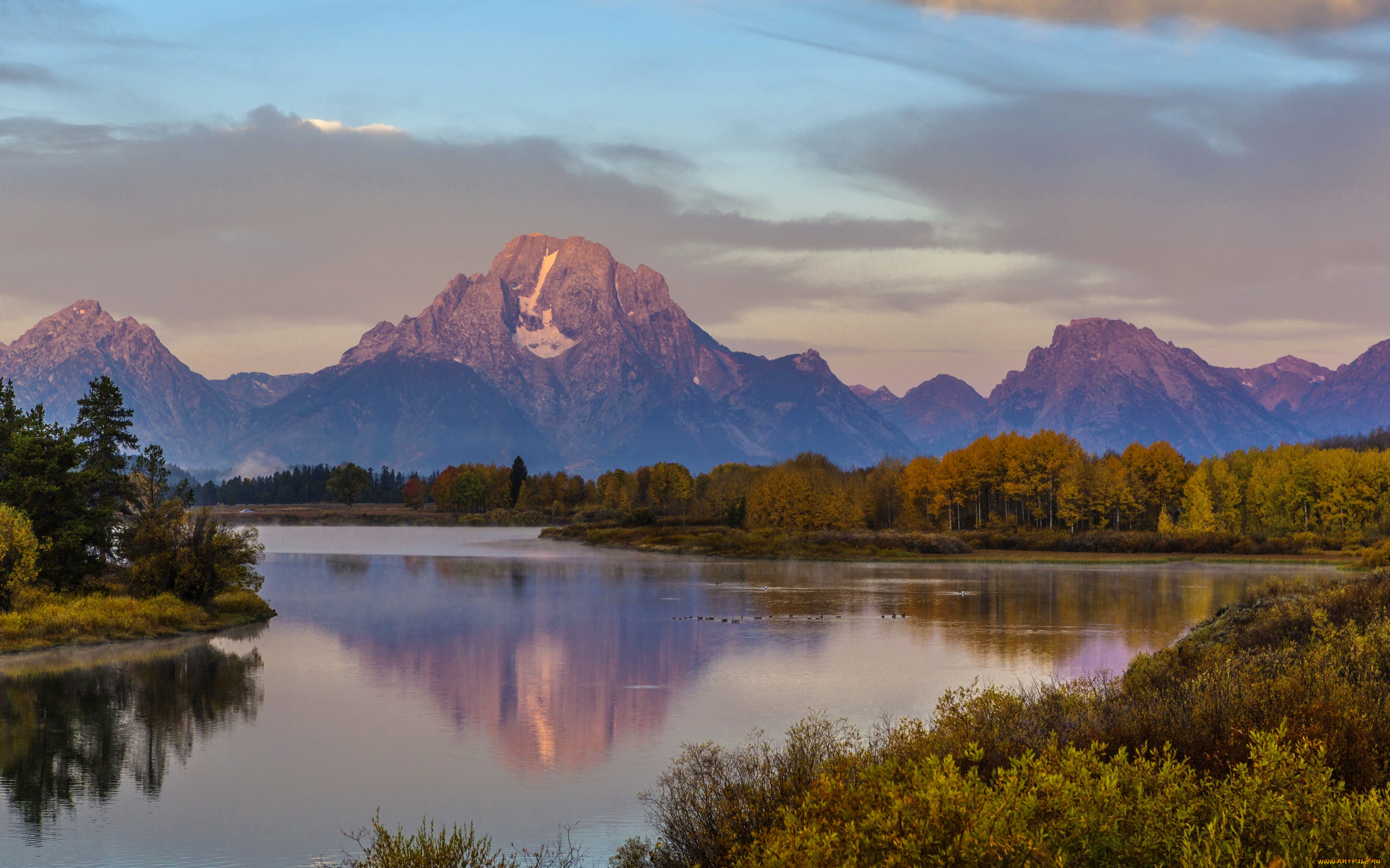 природа, реки, озера, wyoming, grand, teton, national, park, вечер, осень, озеро, горы, лес, сша