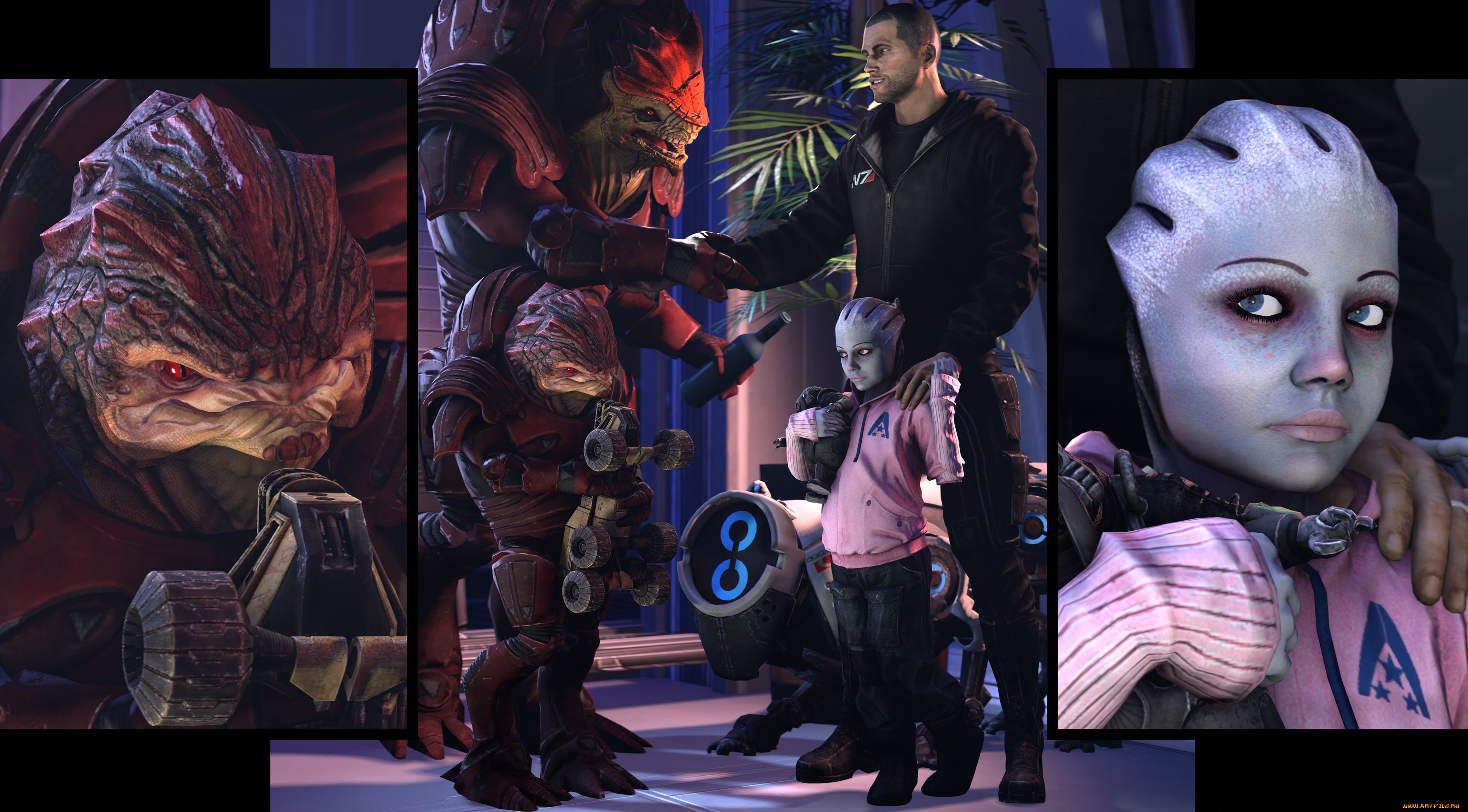 видео, игры, mass, effect, mass, effect, urdnot, wrex, krogan, дети, shepard, fan, art, asari