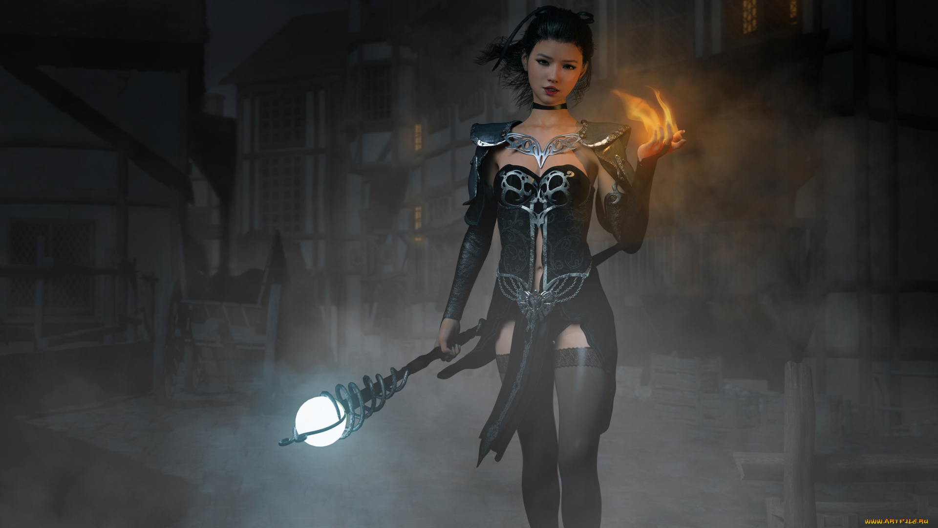 3д, графика, фантазия, , fantasy, взгляд, девушка, факел, фон