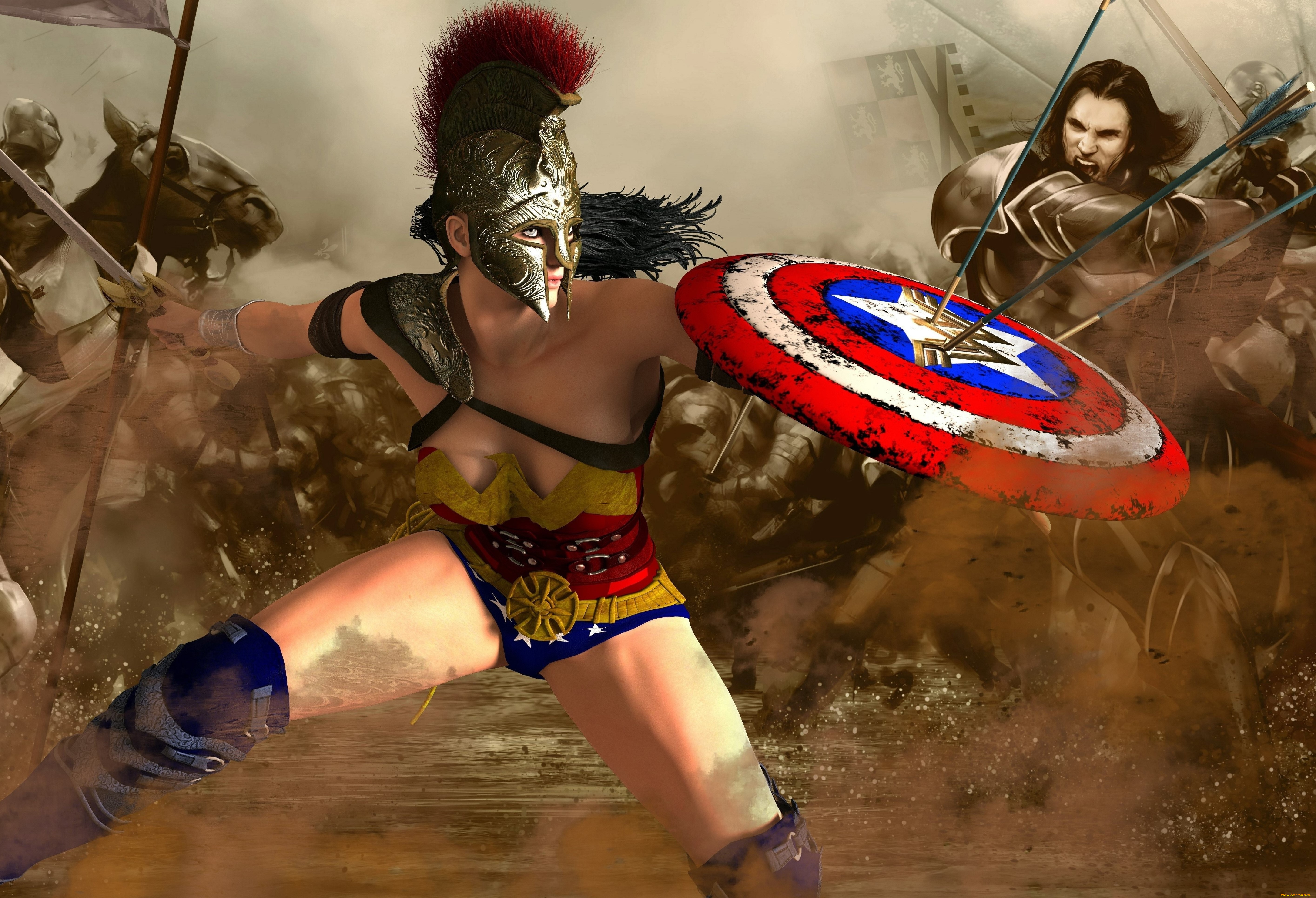 3д, графика, фантазия, , fantasy, взгляд, девушка, оружие, фон