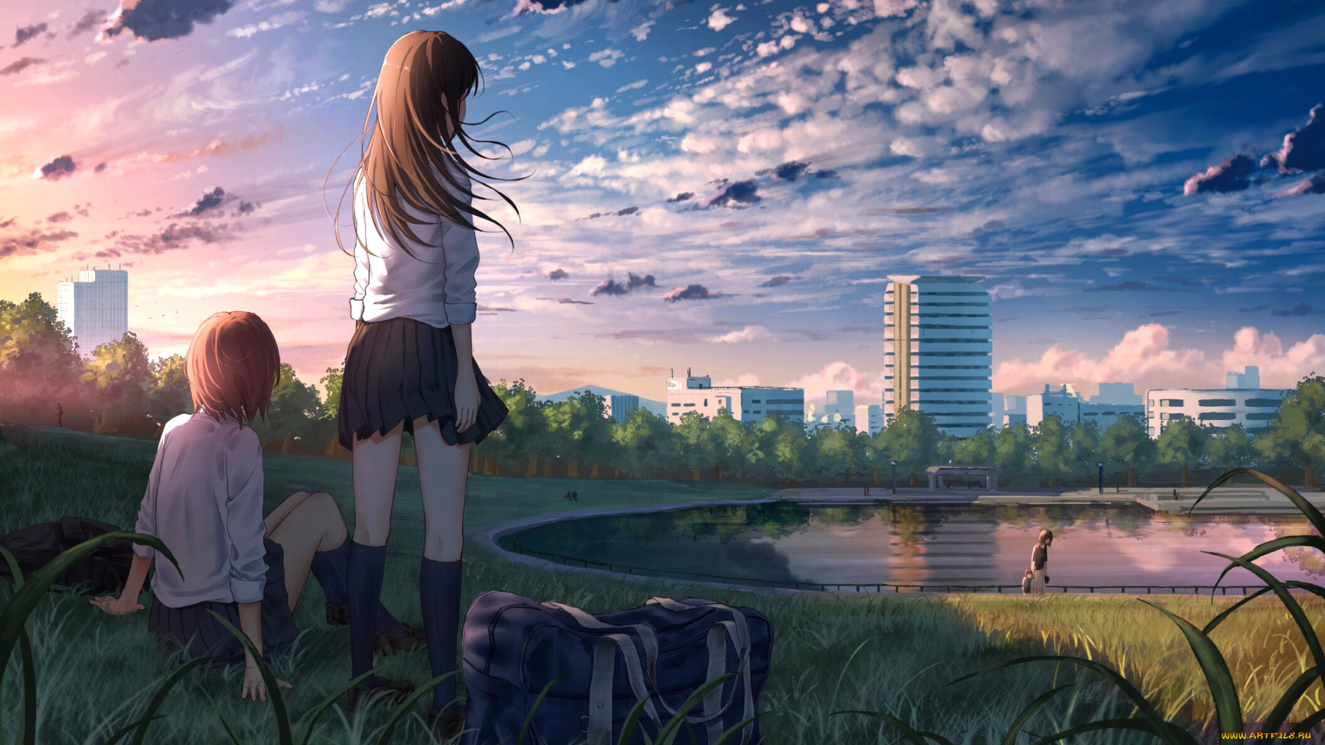 аниме, город, , улицы, , здания, девушки