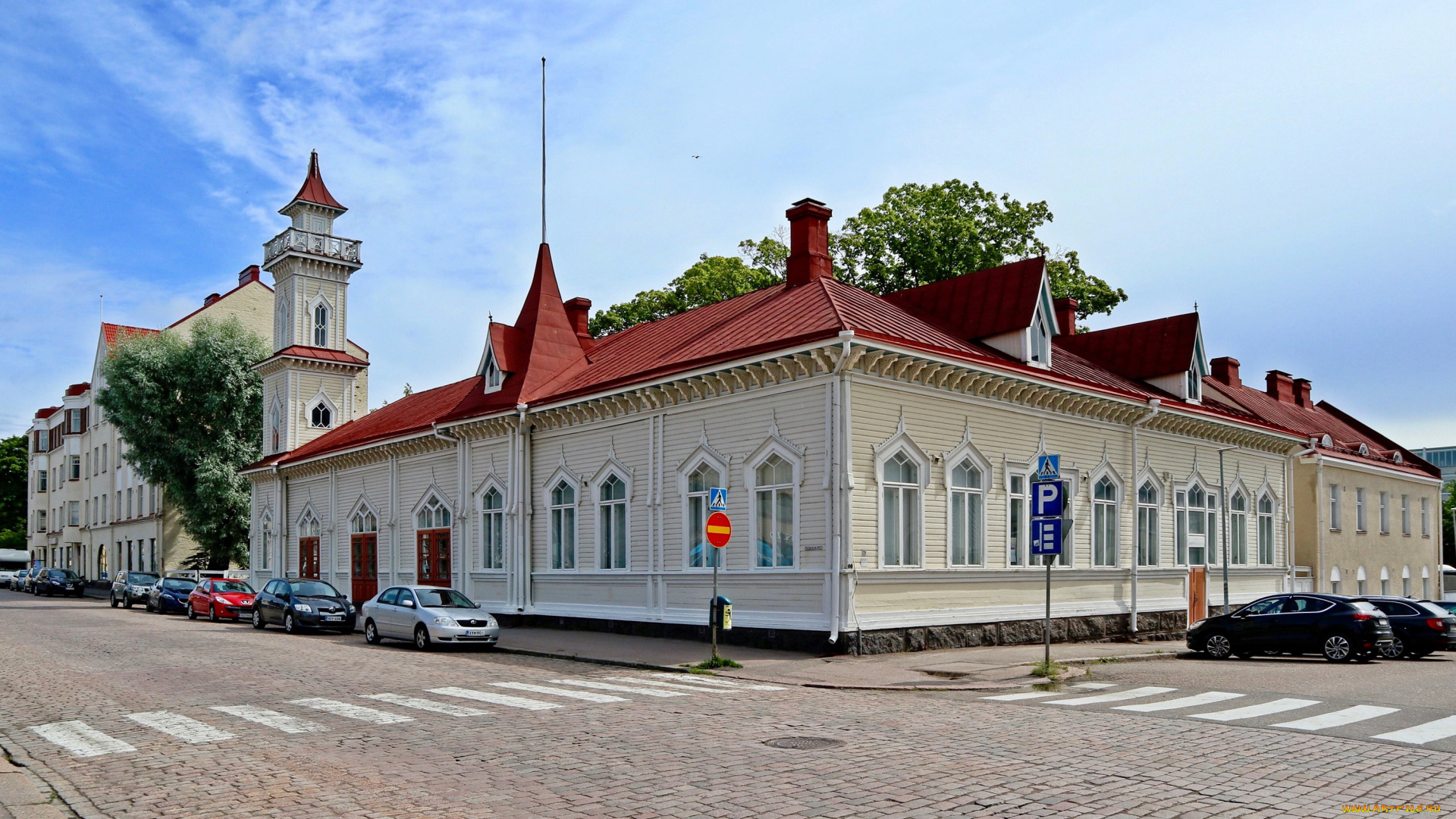 города, -, здания, , дома, финляндия, здание, под, красивым, голубым, небом, в, городе, котка