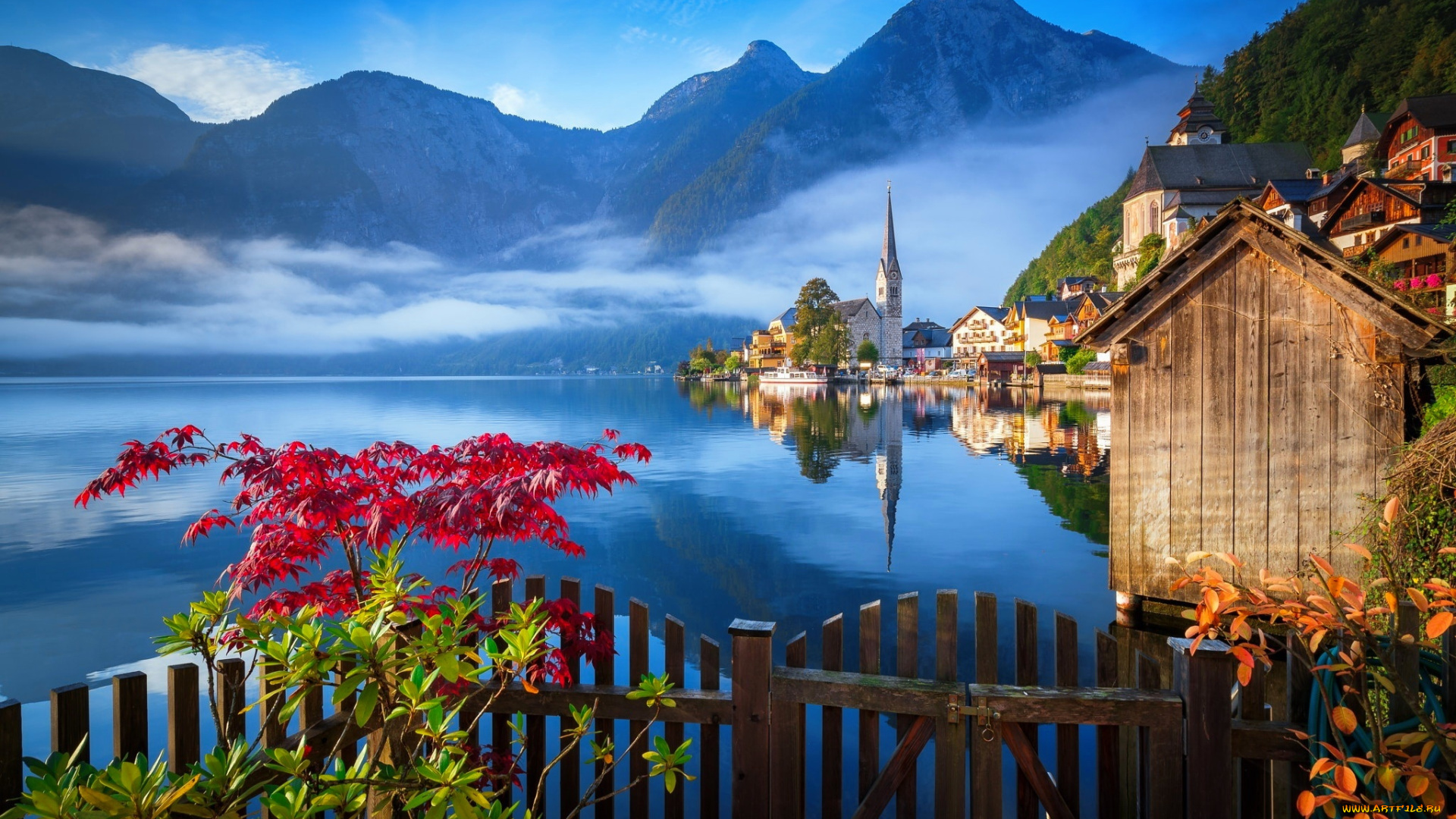 города, гальштат, , австрия, горы, дома, озеро, осень, туман