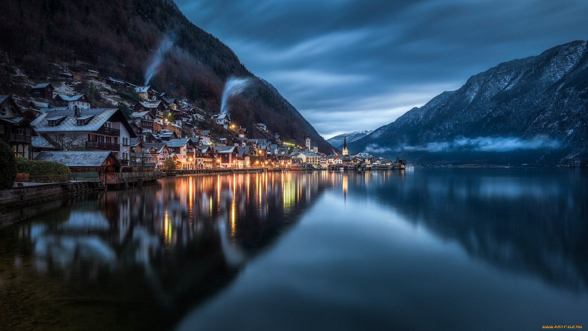 города, гальштат, , австрия, озеро, горы, отражение, туман, дома, вечер