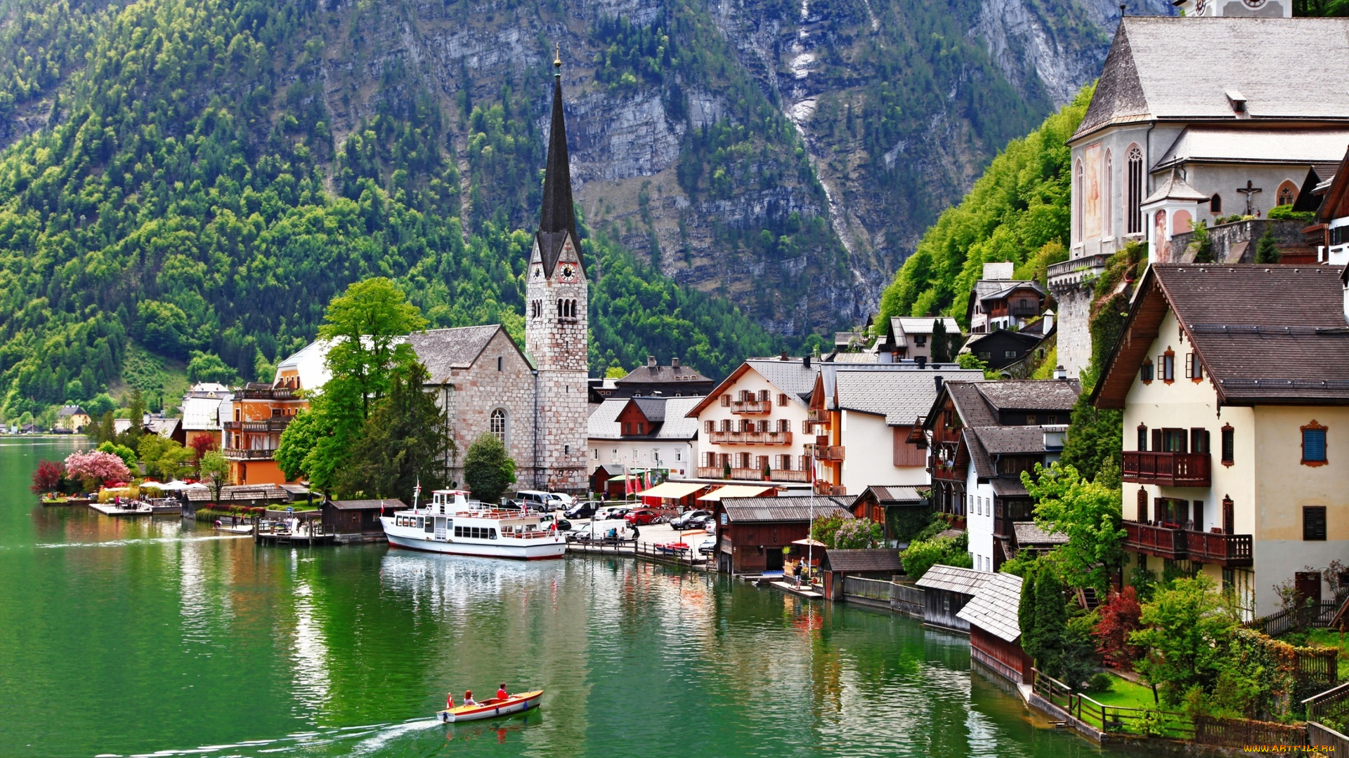 города, гальштат, , австрия, озеро, лето, дома, горы, лодка