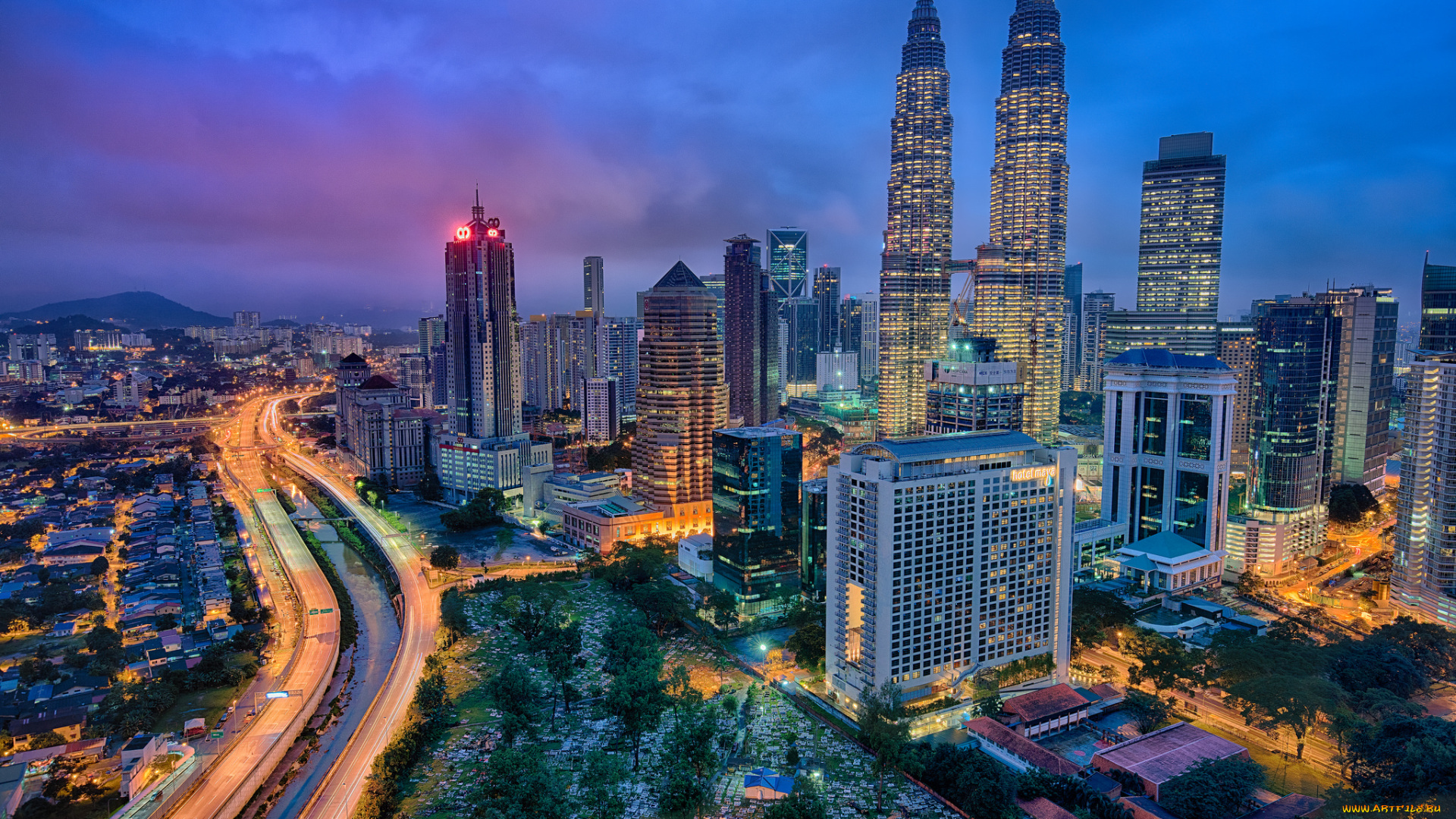 города, куала-лумпур, , малайзия, башни, ночь, огни