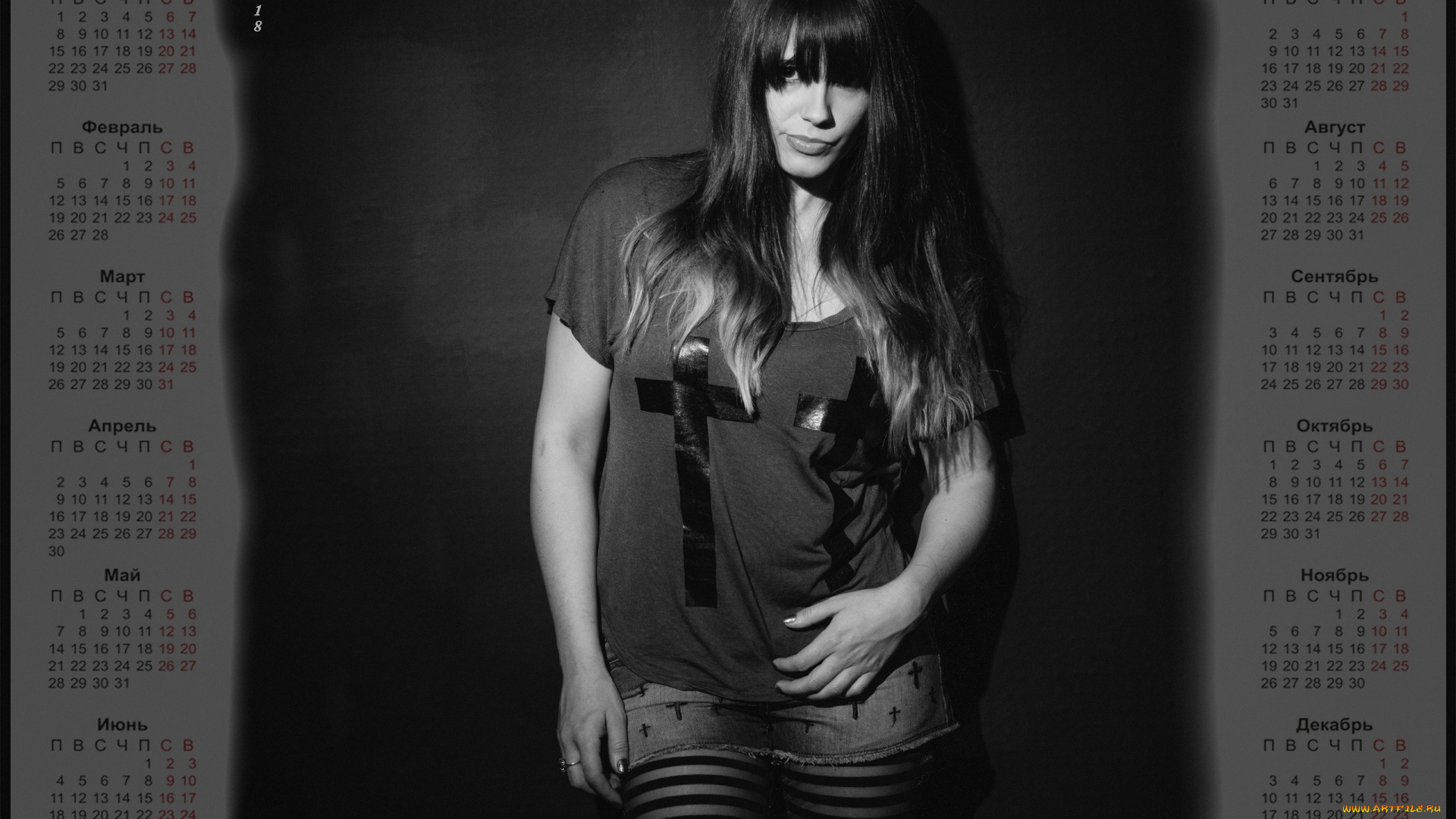 календари, девушки, взгляд, черно-белое, фото