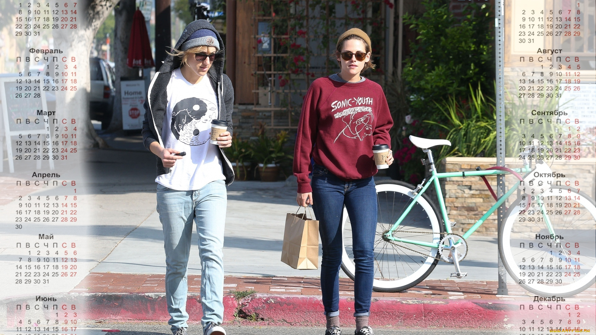 календари, знаменитости, очки, девушка, велосипед, двое, шапка, покупка