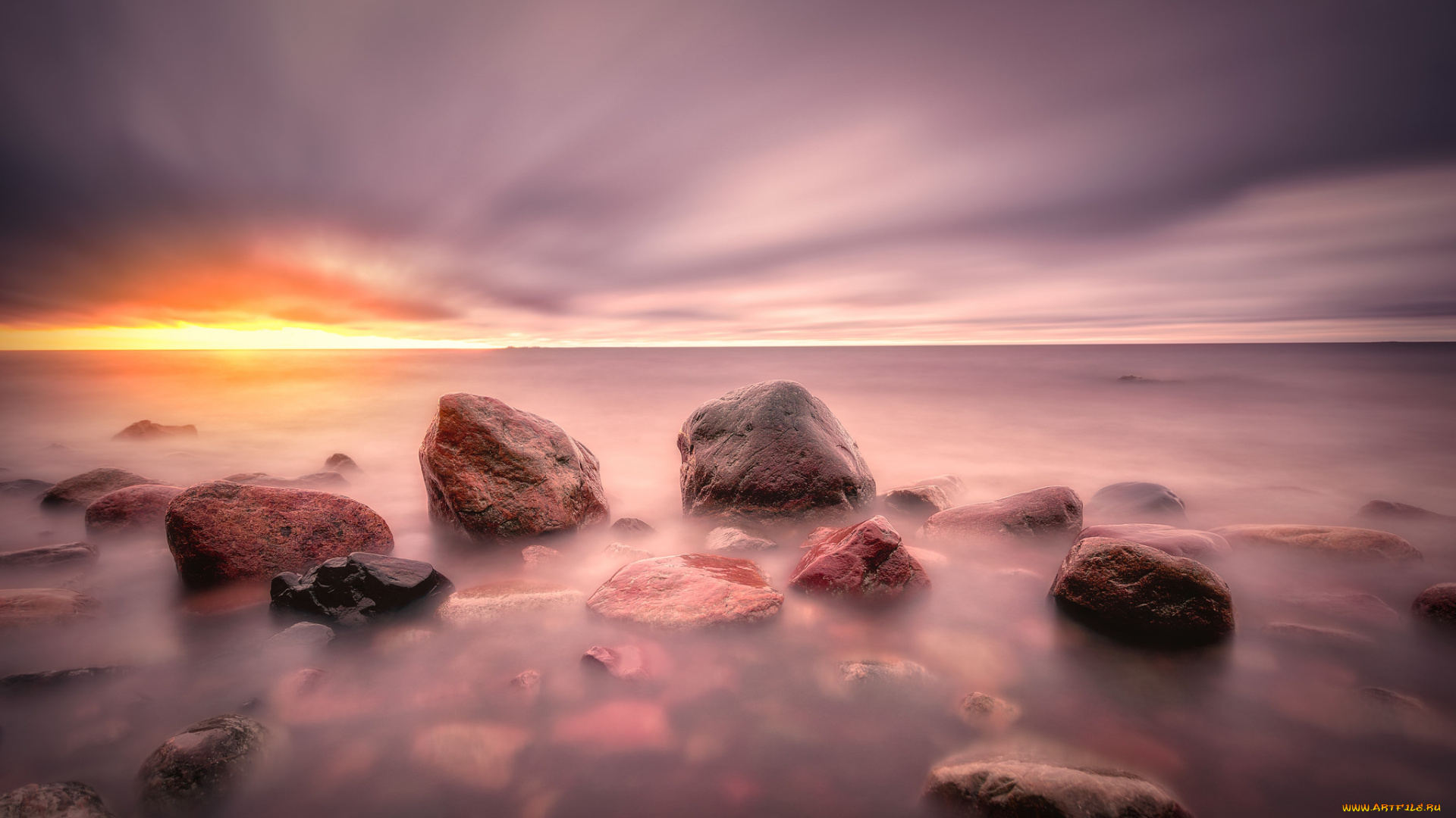 природа, восходы, закаты, закат, море, камни