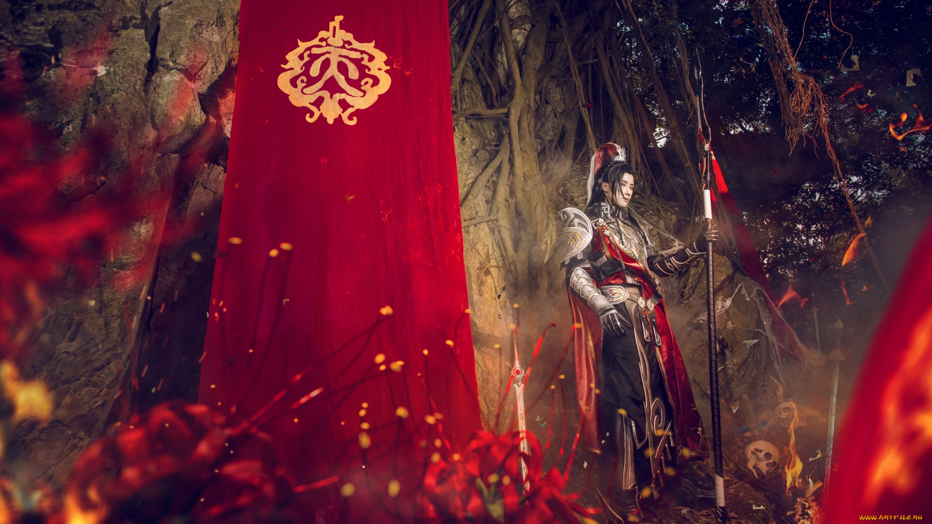 разное, cosplay, , косплей, флаг, лес, копье, мужчина, ночь, доспехи