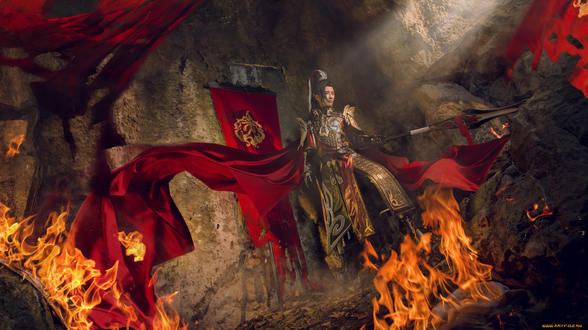 разное, cosplay, , косплей, пламя, флаг, природа, мужчина, ткань, копье, огонь, доспехи