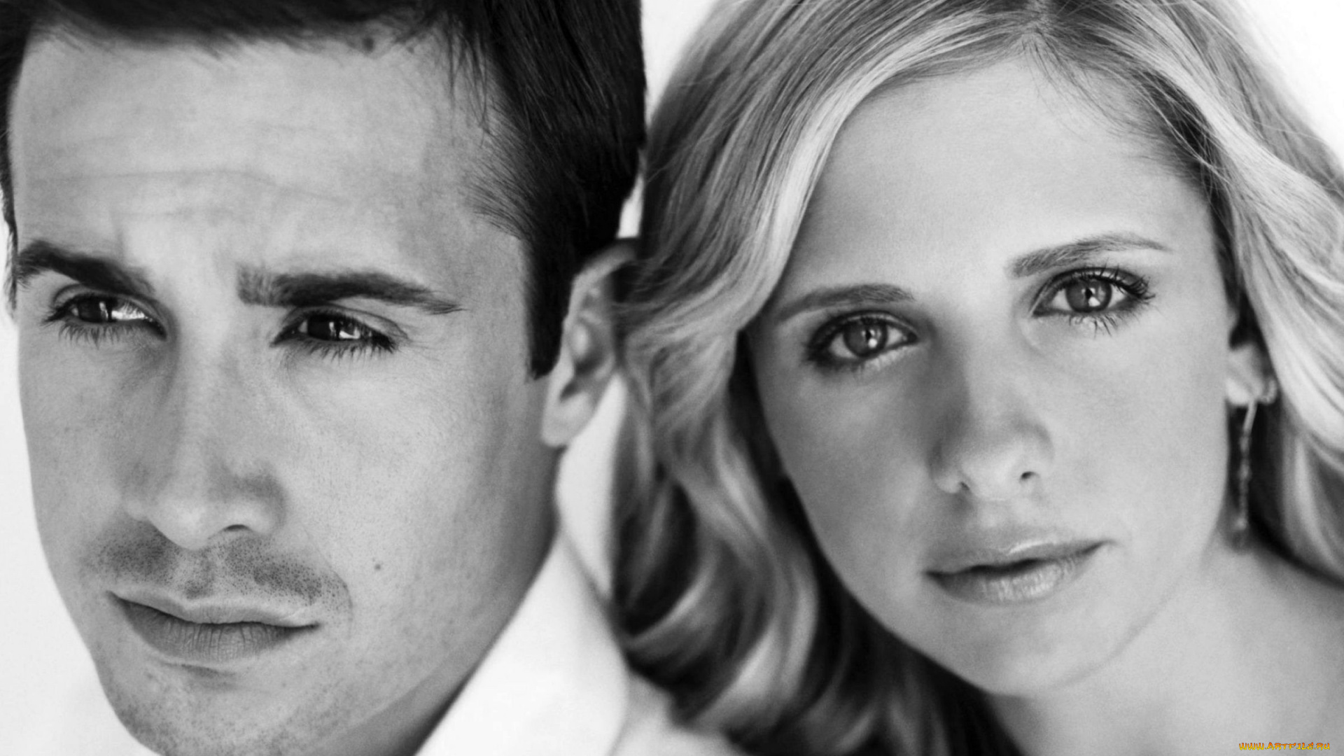 разное, мужчина, женщина, актриса, sarah, michelle, gellar, парень, лица, черно-белая