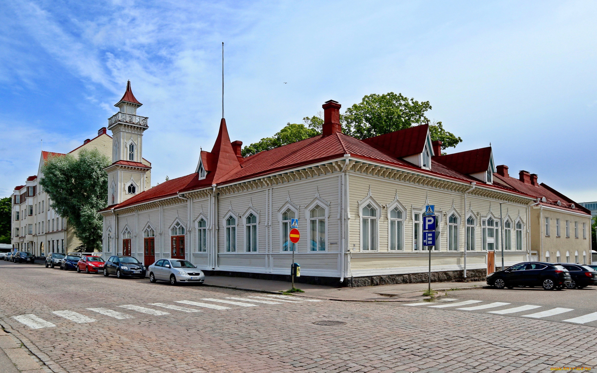 города, -, здания, , дома, финляндия, здание, под, красивым, голубым, небом, в, городе, котка