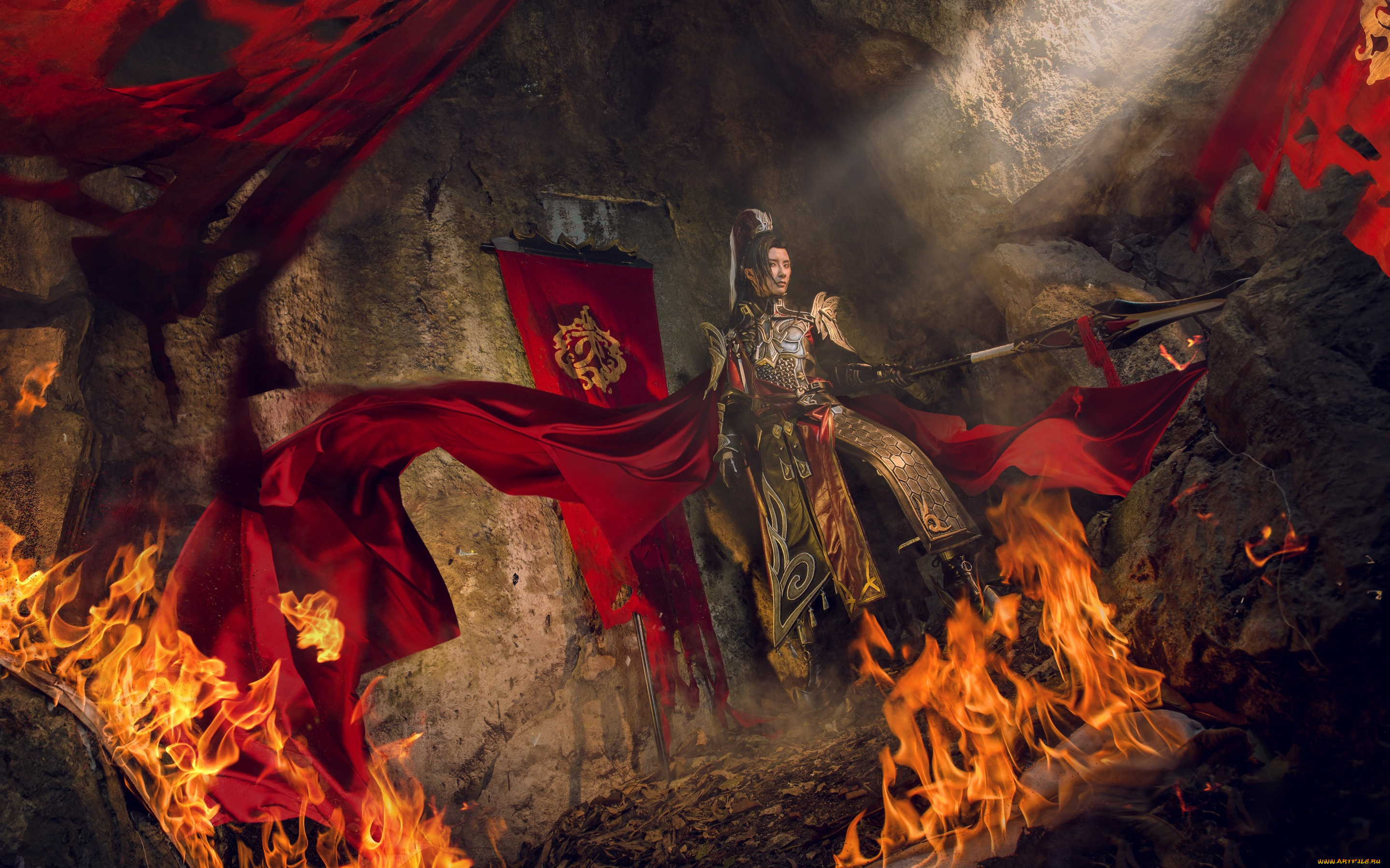 разное, cosplay, , косплей, пламя, флаг, природа, мужчина, ткань, копье, огонь, доспехи