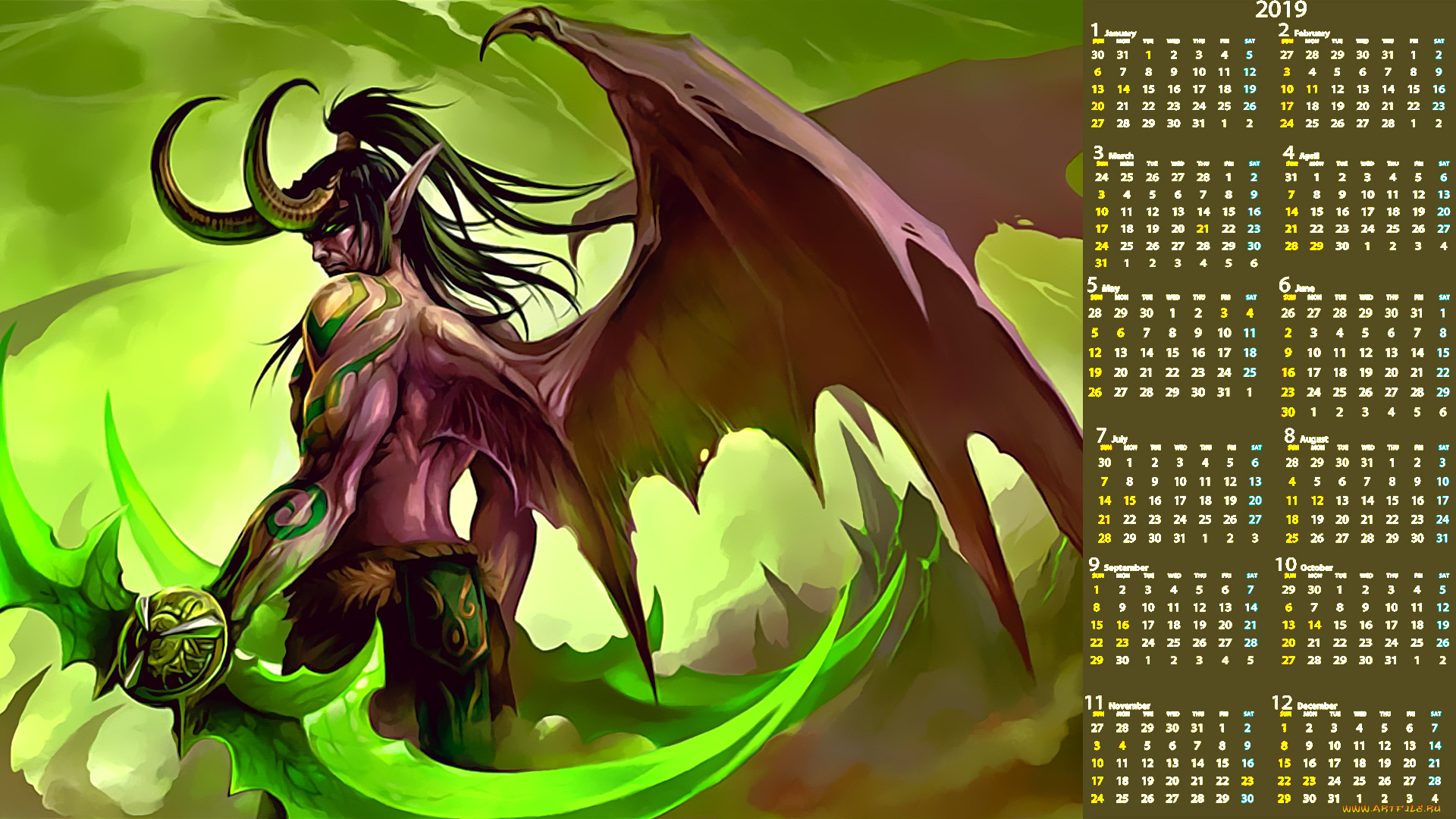 календари, фэнтези, существо, крылья, рога