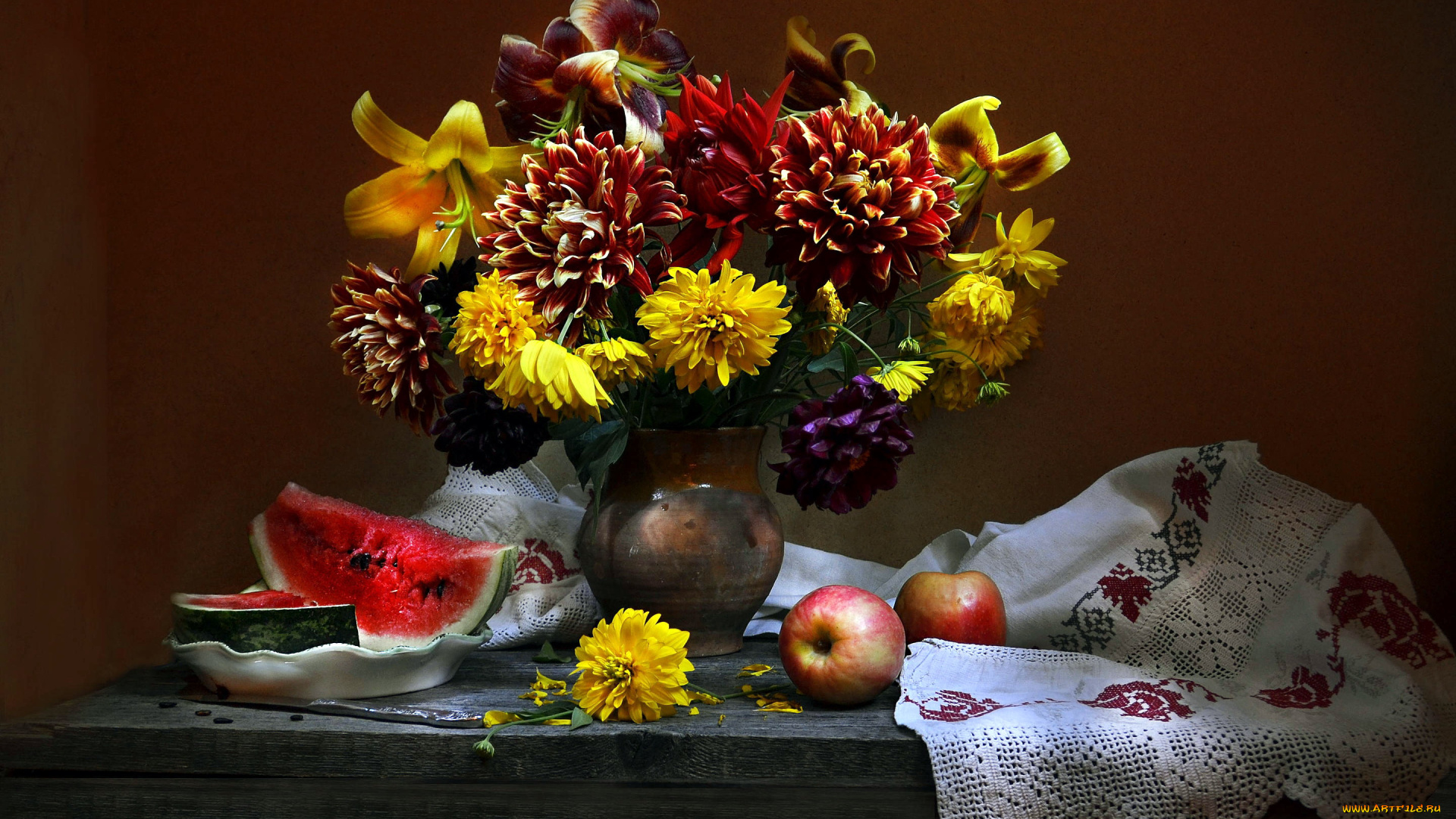 еда, натюрморт, арбуз, яблоки, букет