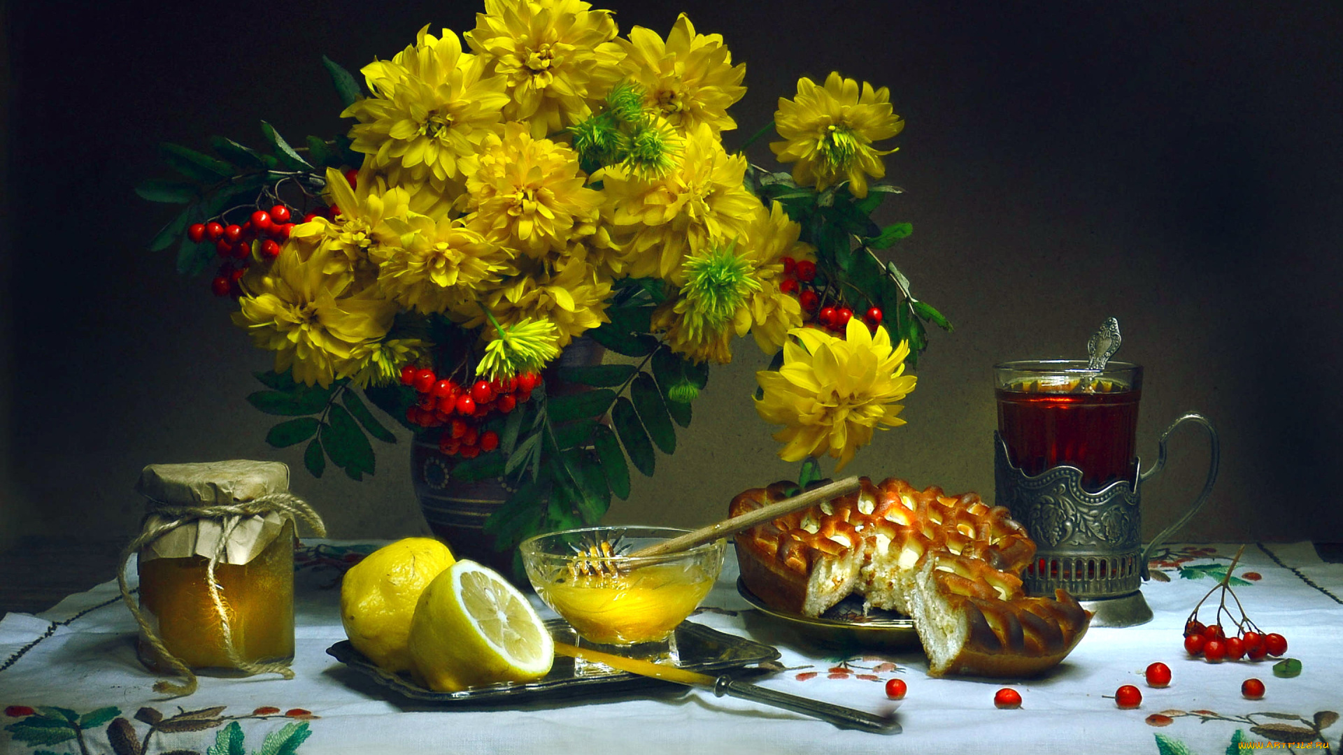 еда, натюрморт, букет, лимон, мед, чай, пирог