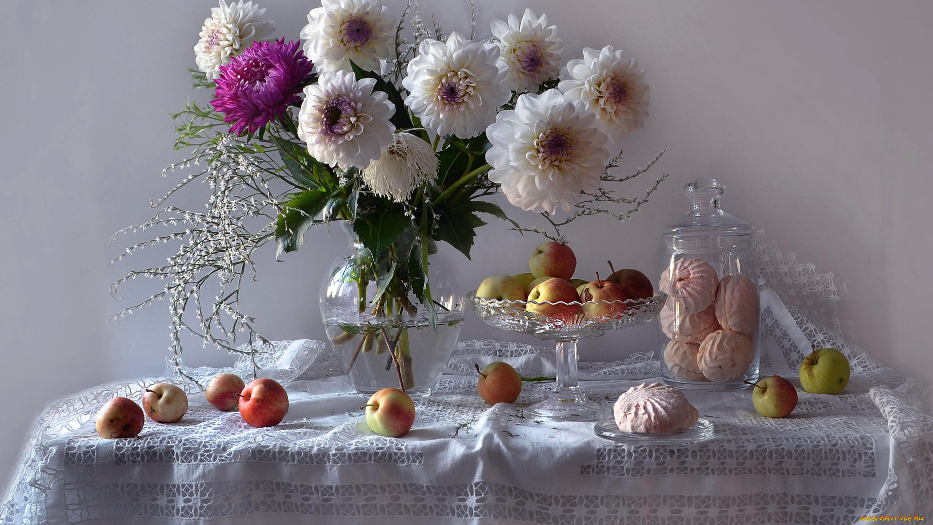 еда, натюрморт, георгины, букет, зефир, яблоки