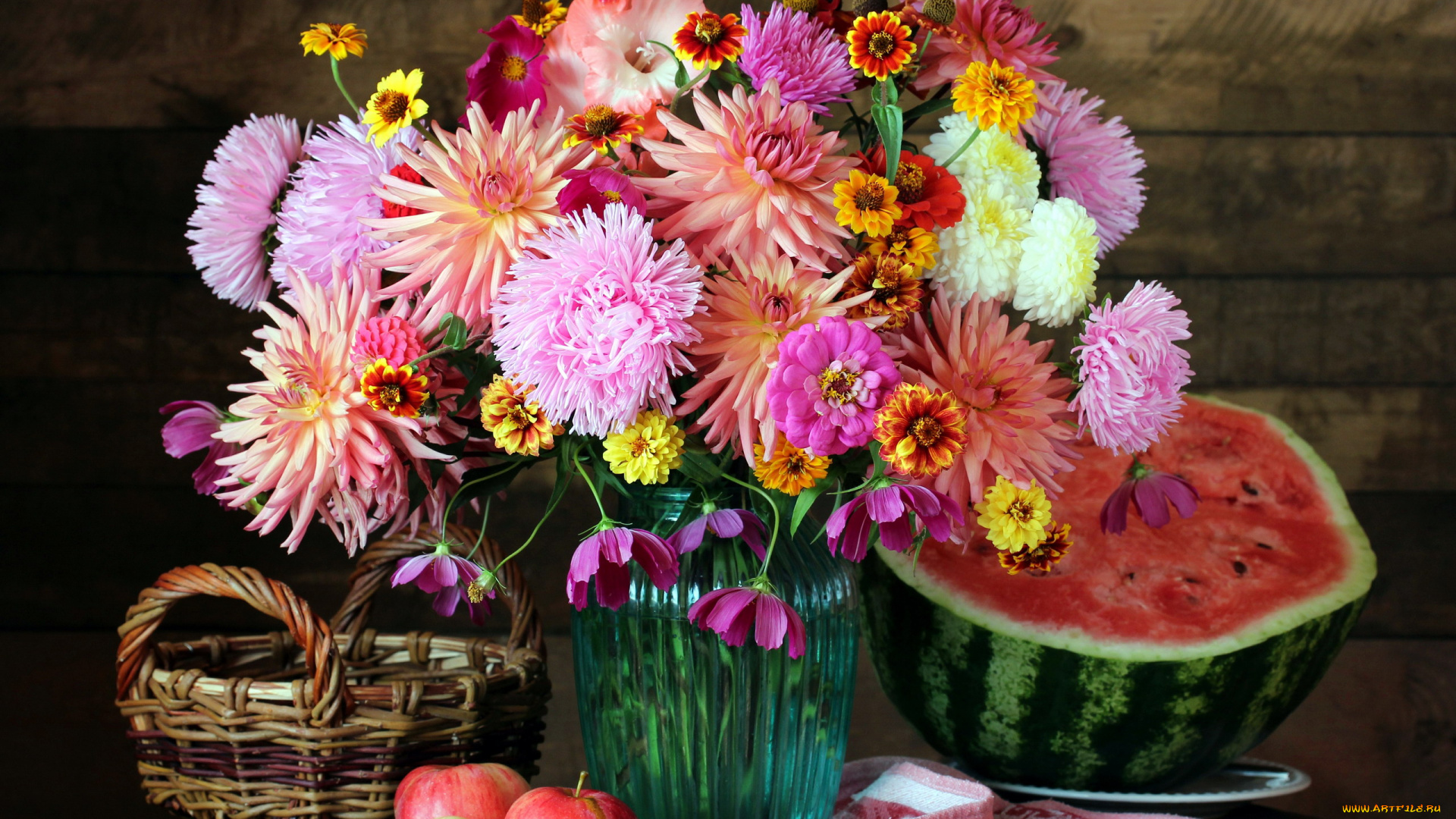 еда, натюрморт, корзинка, арбуз, яблоки, букет