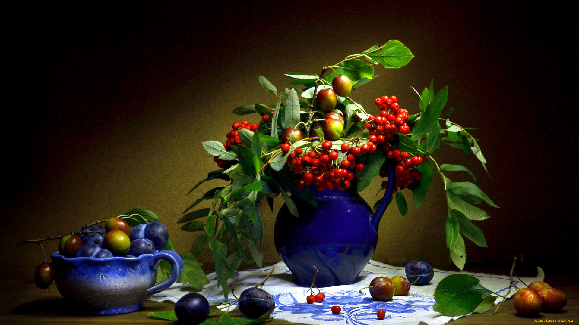 еда, натюрморт, рябина, сливы