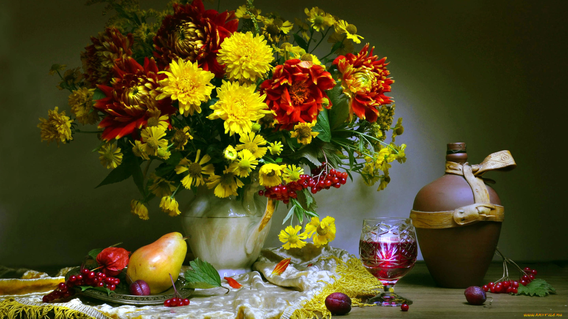 еда, натюрморт, сливы, букет, наливка, калина