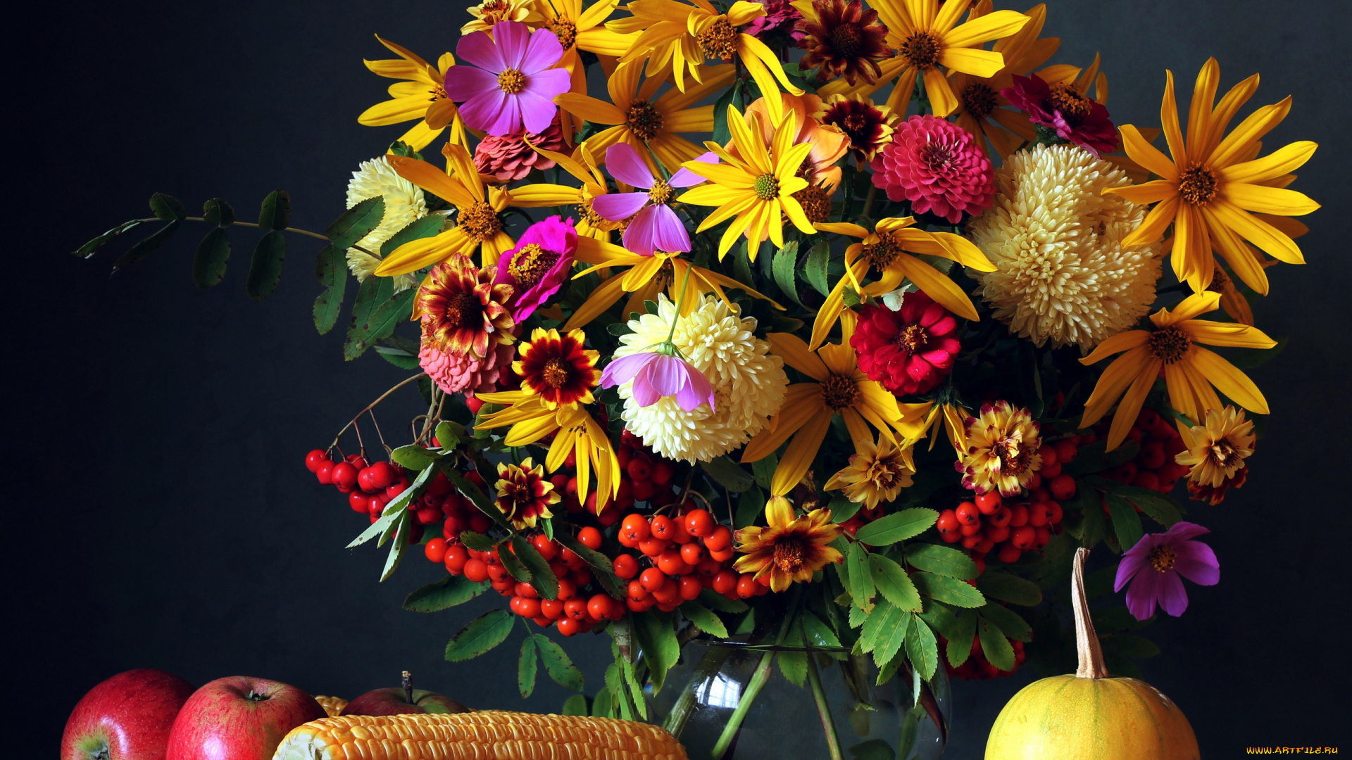 еда, натюрморт, сливы, букет, яблоки, кукуруза, рябина