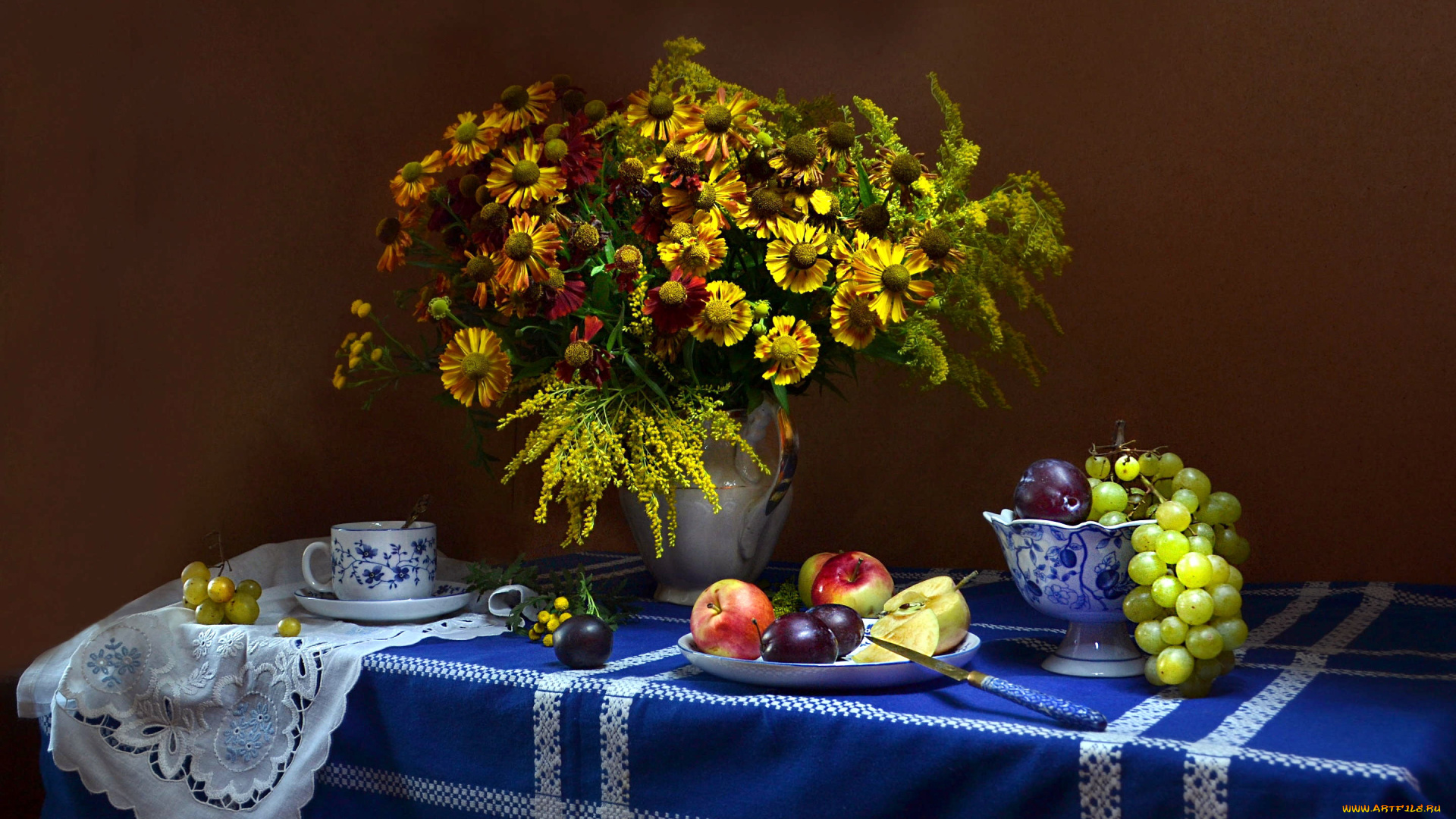 еда, натюрморт, сливы, яблоки, виноград, букет