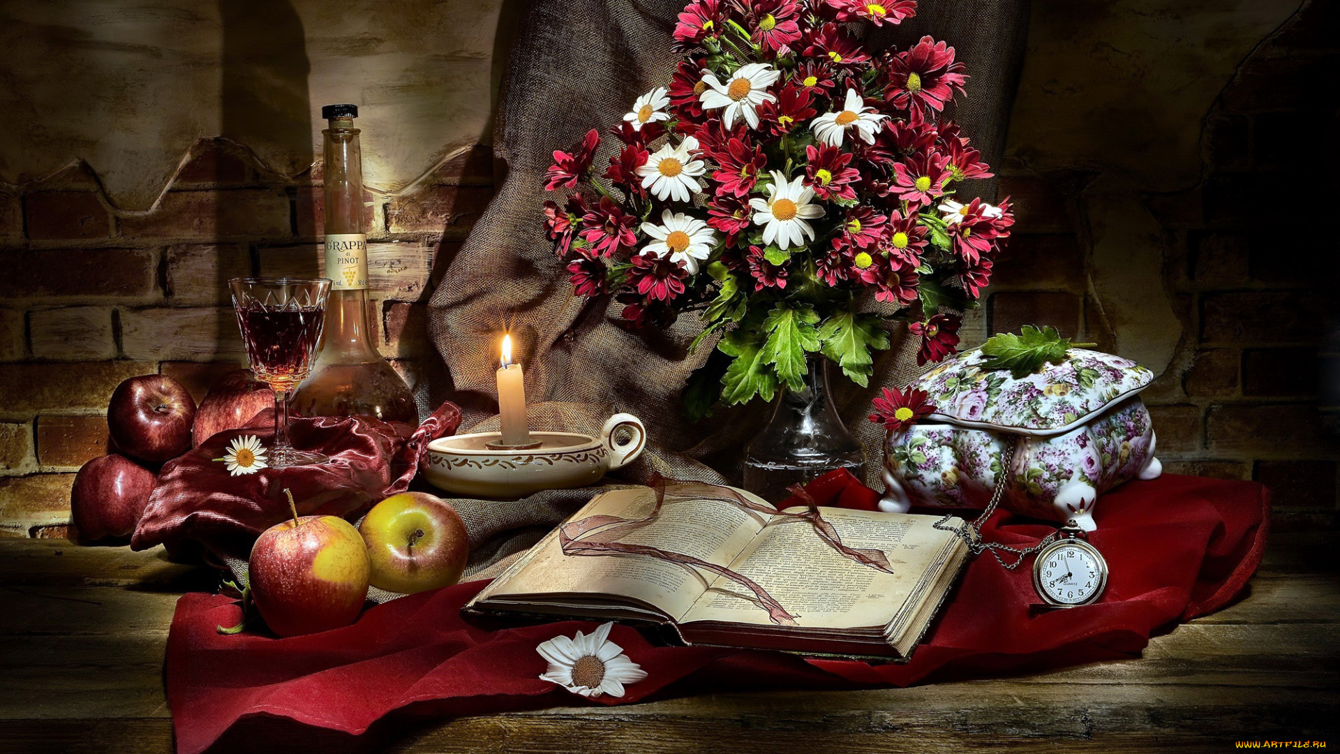 еда, натюрморт, свеча, книга, букет, яблоки, вино