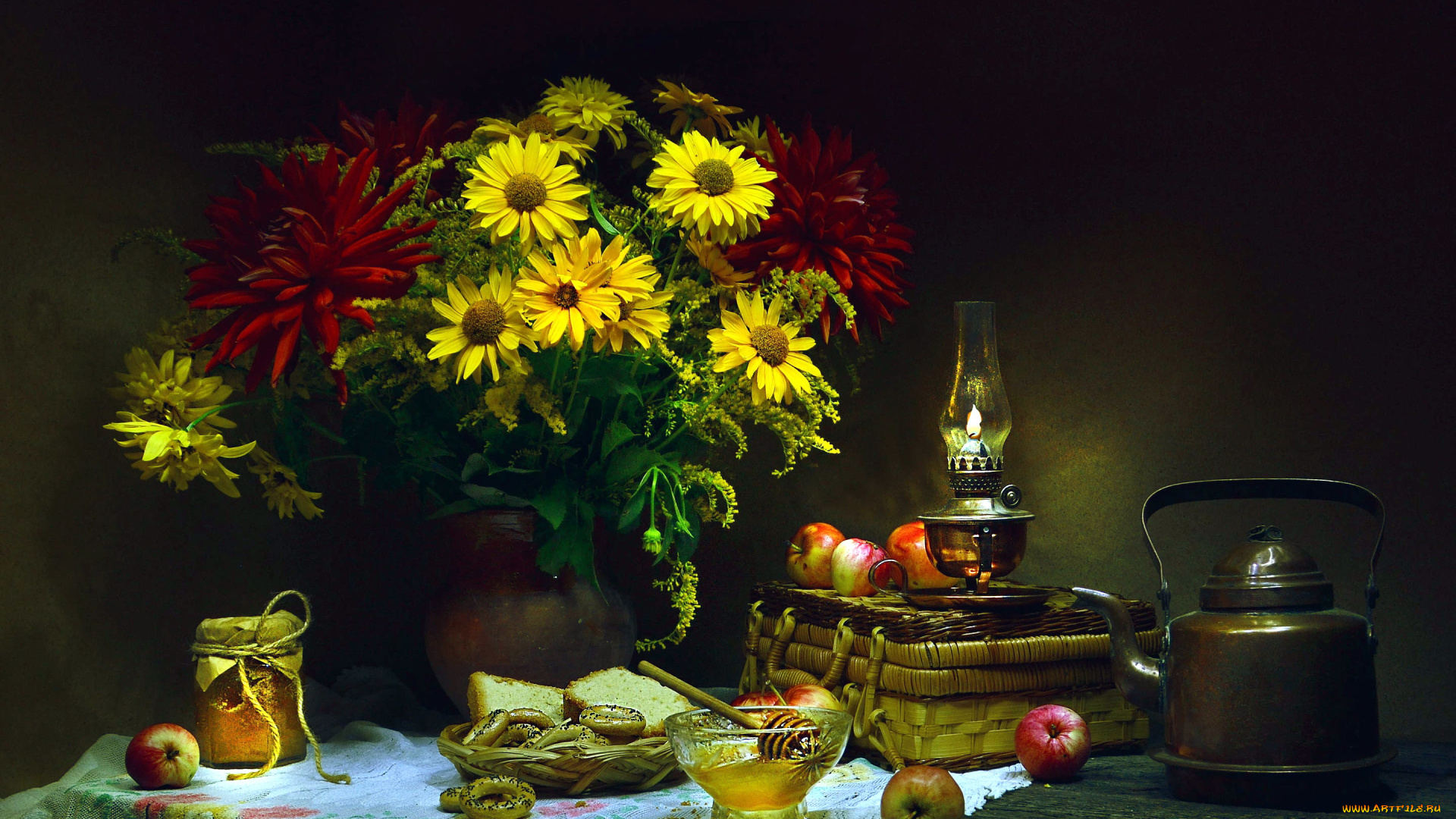 еда, натюрморт, яблоки, сушки, мед, букет