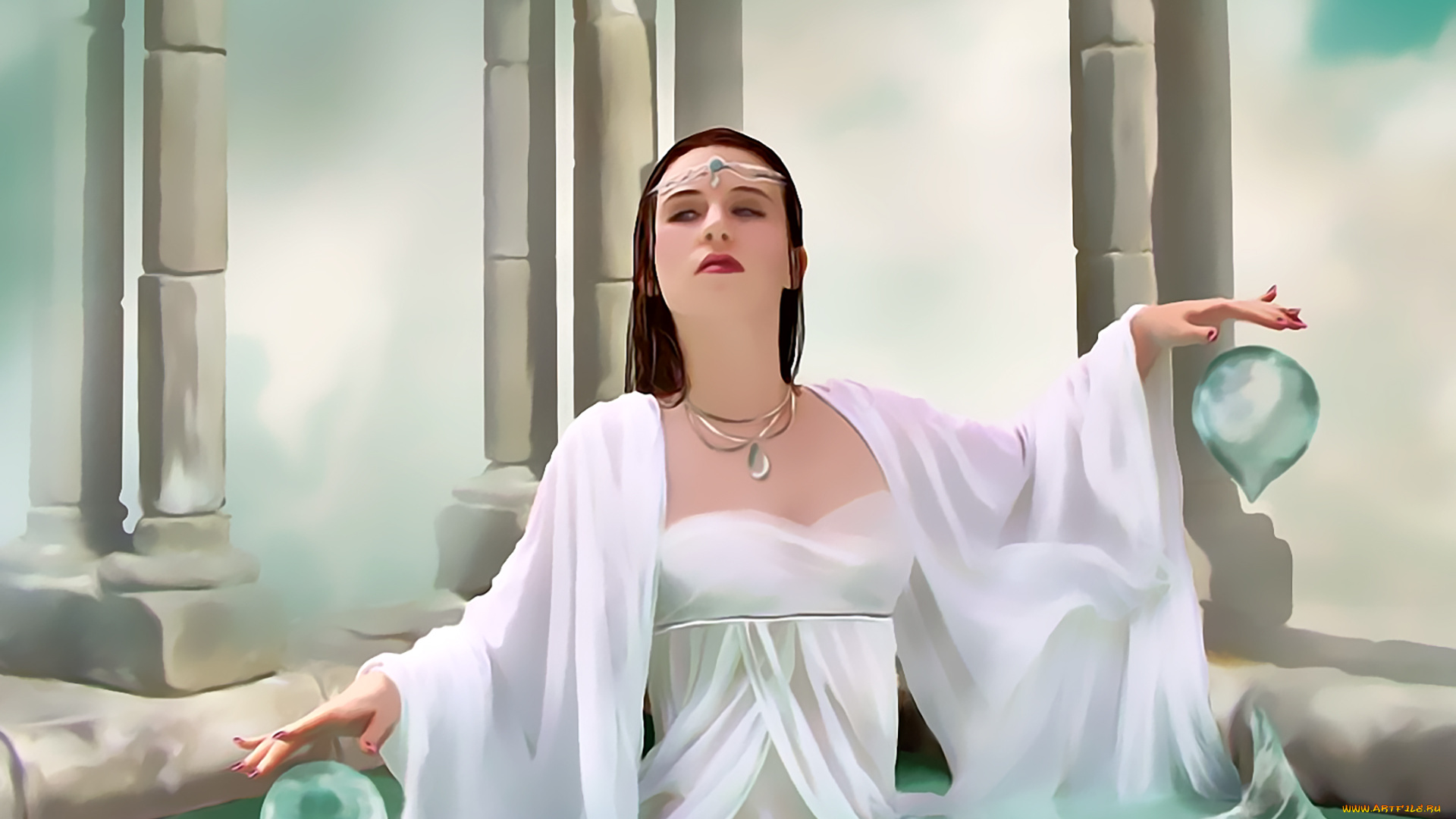 календари, фэнтези, 2019, calendar, вода, девушка, волшебство, колонна, магия