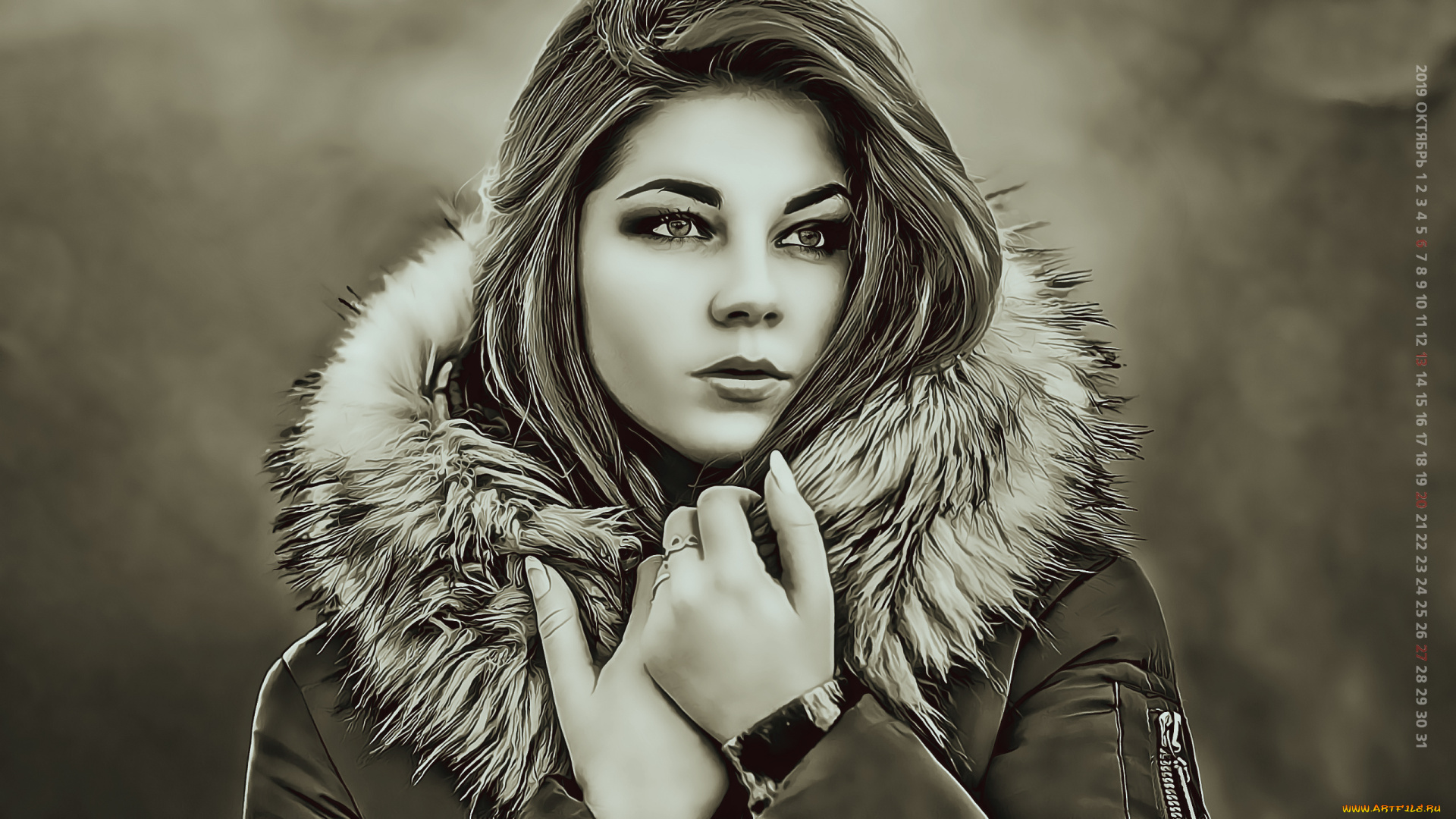 календари, компьютерный, дизайн, девушка, мех, куртка, 2019, calendar, женщина