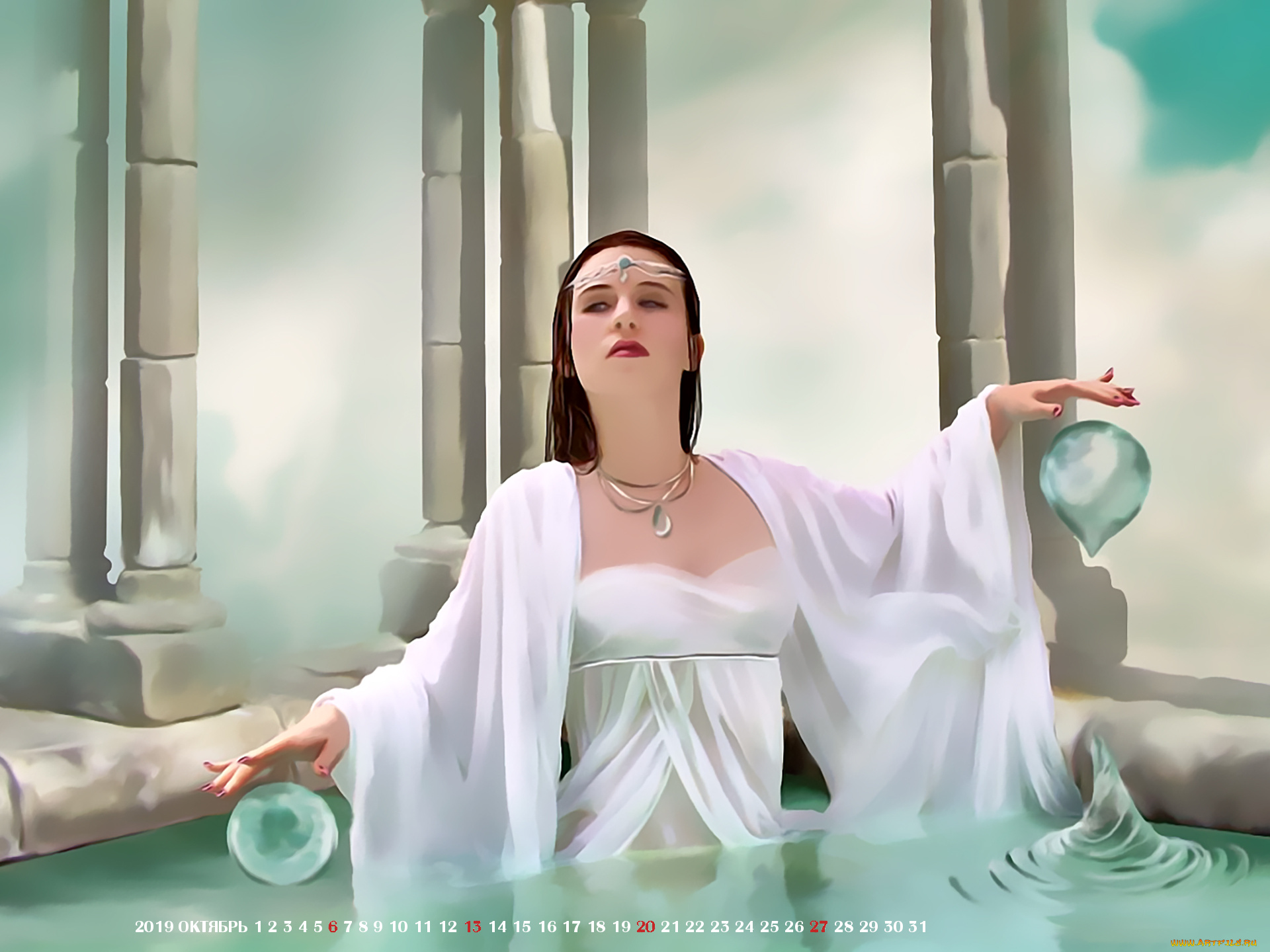 календари, фэнтези, 2019, calendar, вода, девушка, волшебство, колонна, магия