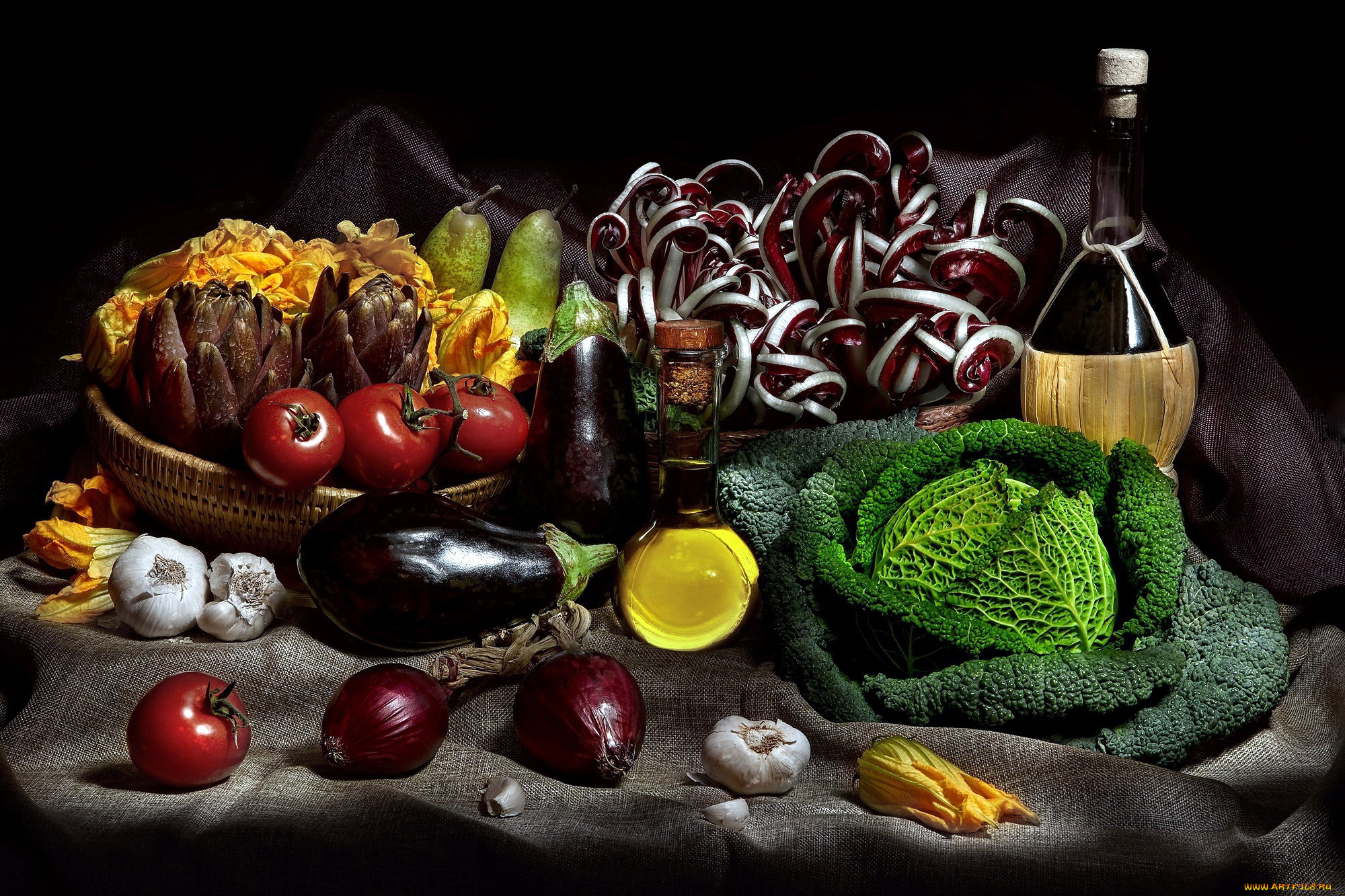 еда, натюрморт, савойская, капуста, чеснок, баклажаны, вино