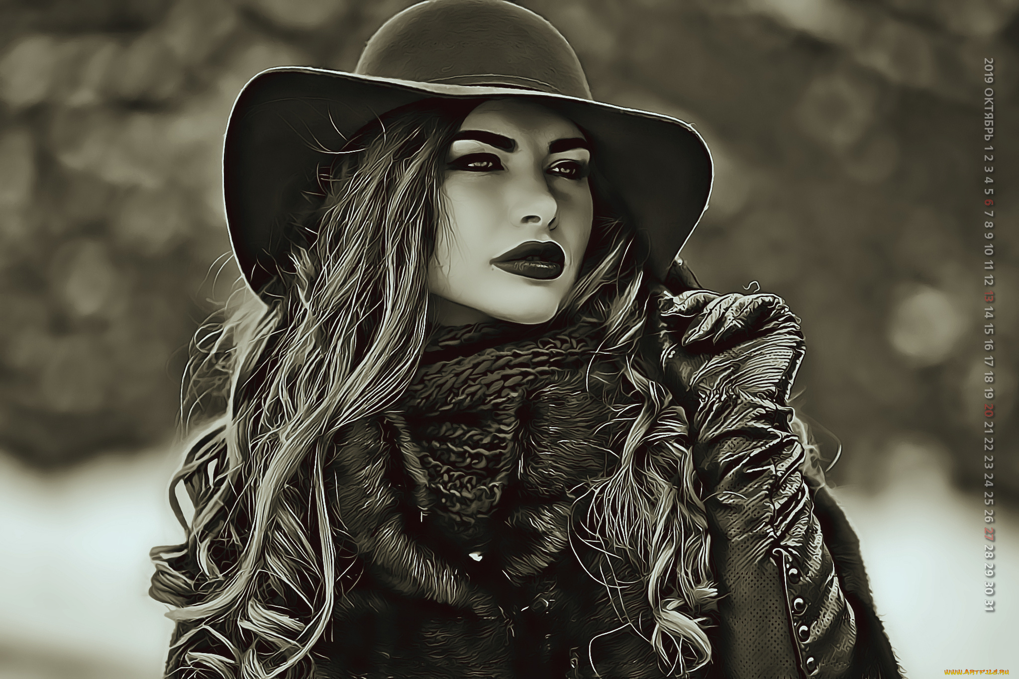 календари, компьютерный, дизайн, 2019, calendar, модель, женщина, девушка, перчатки, шляпа