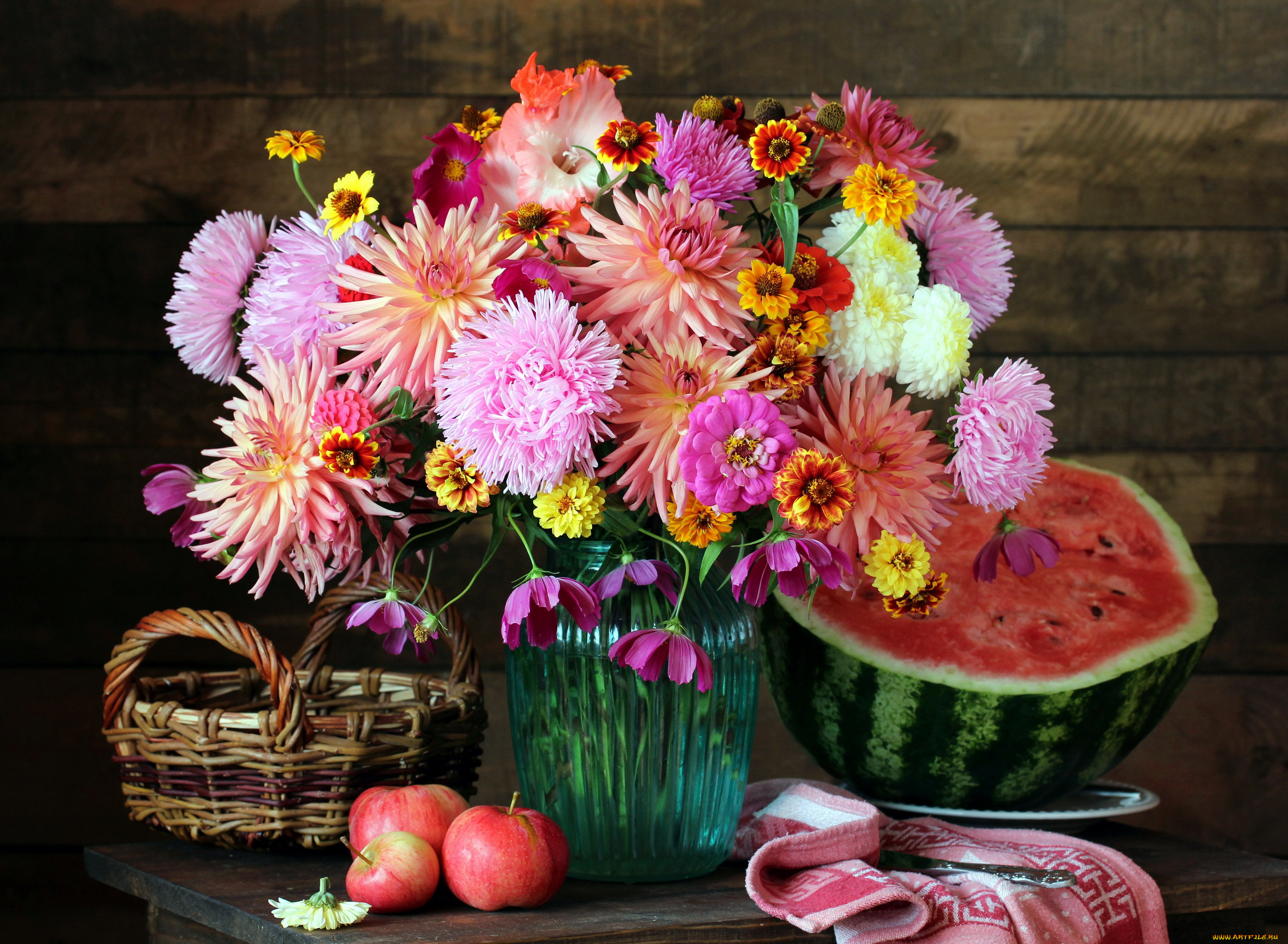 еда, натюрморт, корзинка, арбуз, яблоки, букет