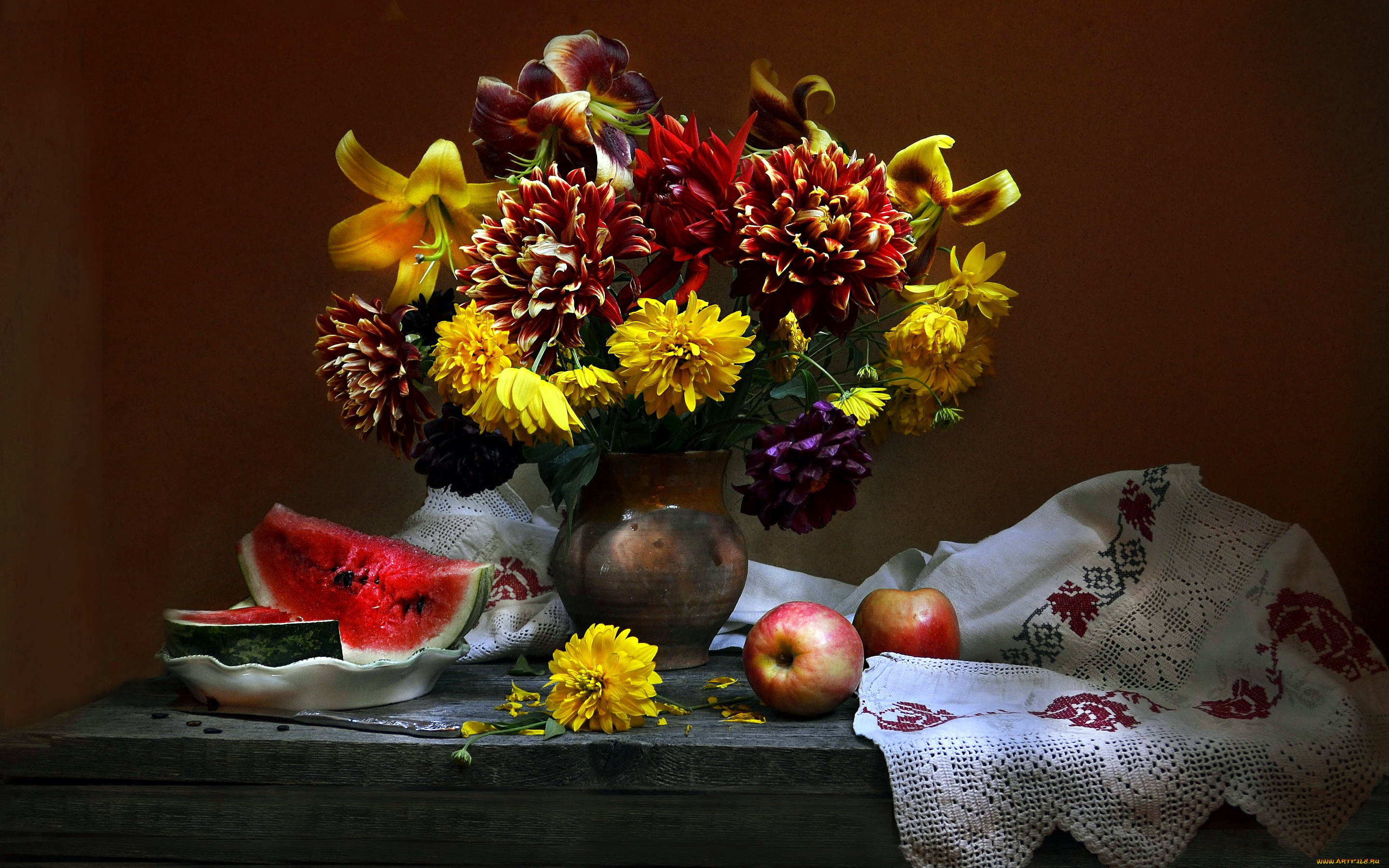 еда, натюрморт, арбуз, яблоки, букет