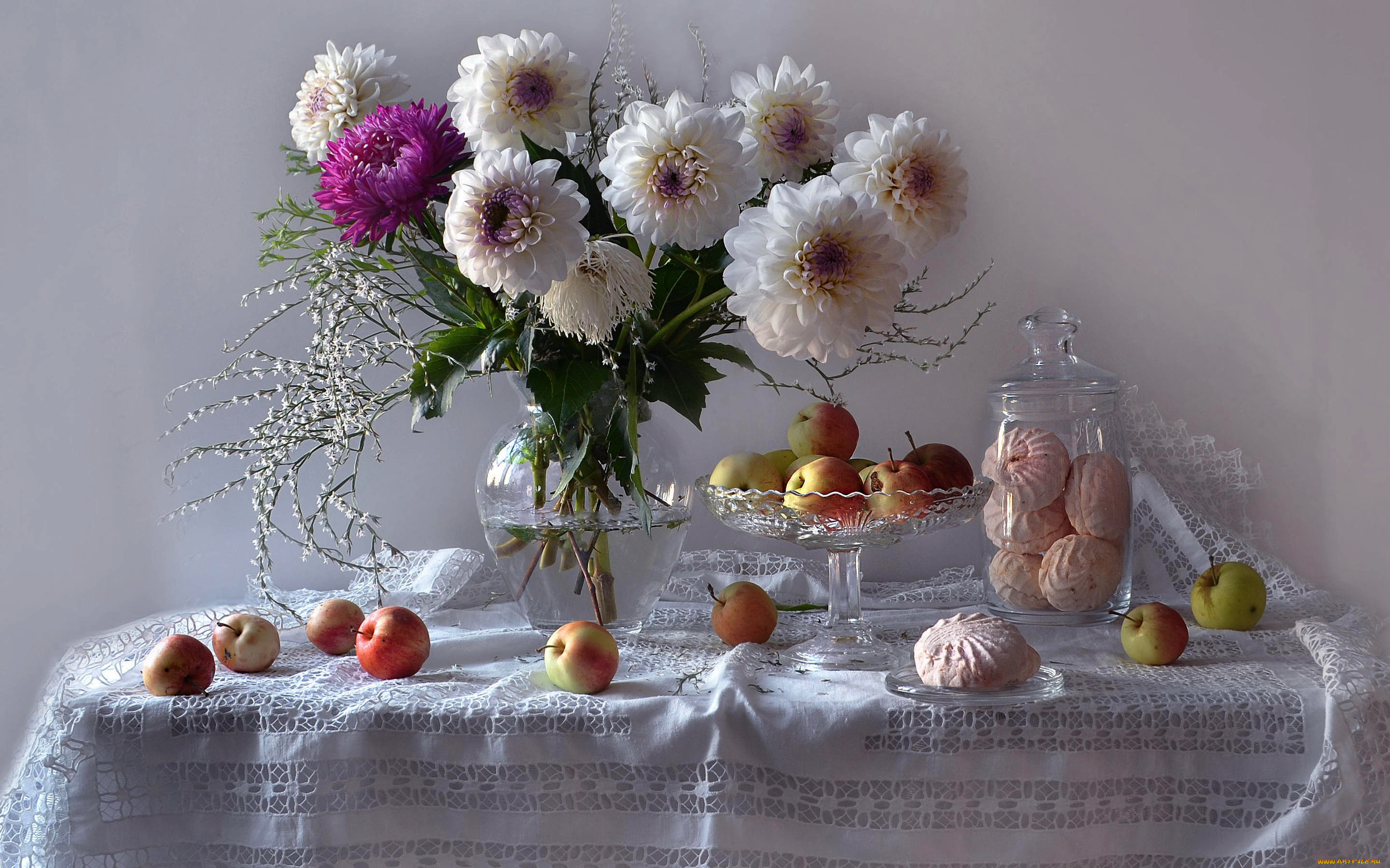 еда, натюрморт, георгины, букет, зефир, яблоки