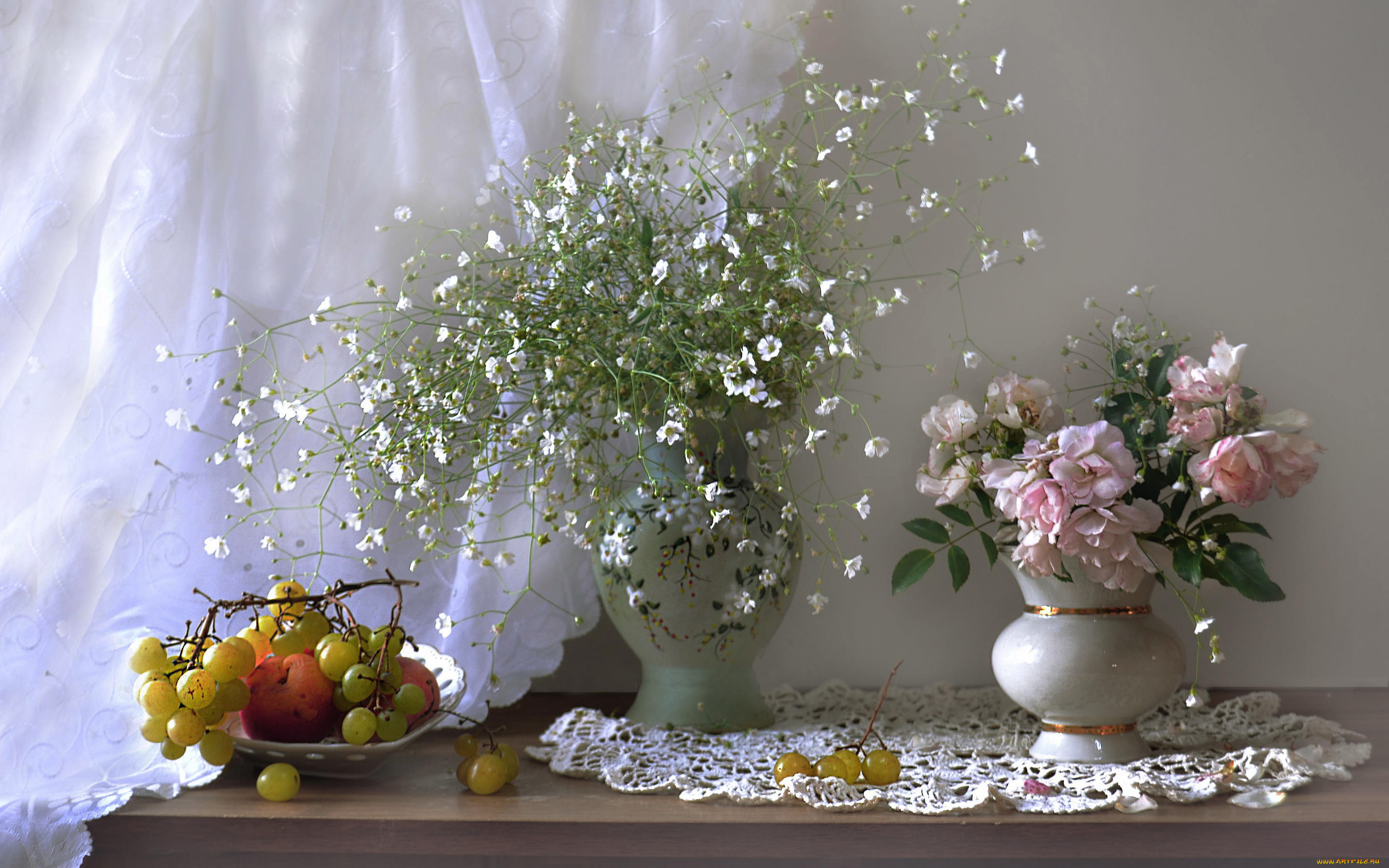 еда, натюрморт, виноград, букет, розы, персики