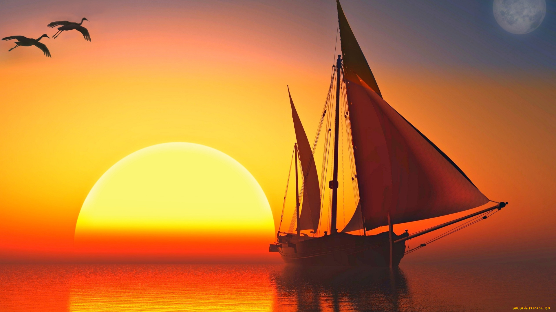 3д, графика, природа, , nature, небо, закат, лодка, яхта, парус, ялик, птицы, солнце, море, отражение, свет