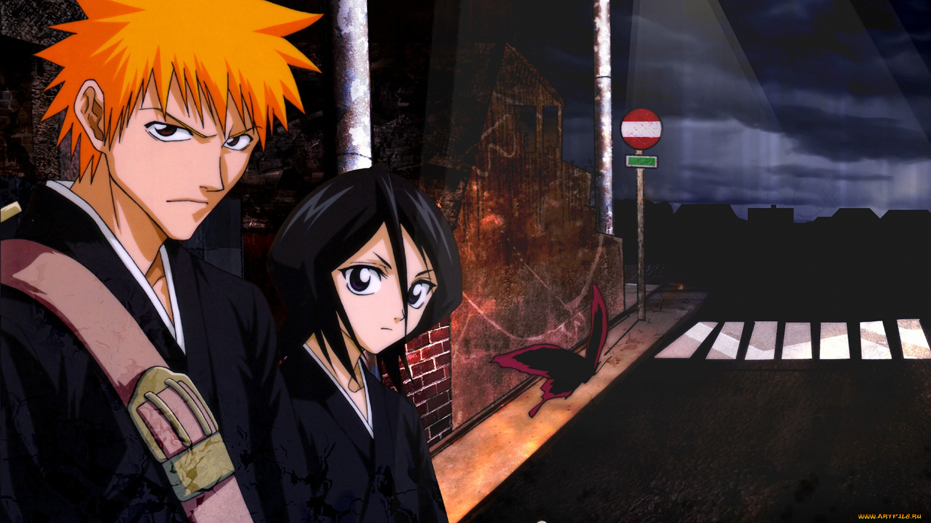 аниме, bleach, kurosaki, ichigo, shinigami, меч, парень, kuchiki, rukia, улица, дорога