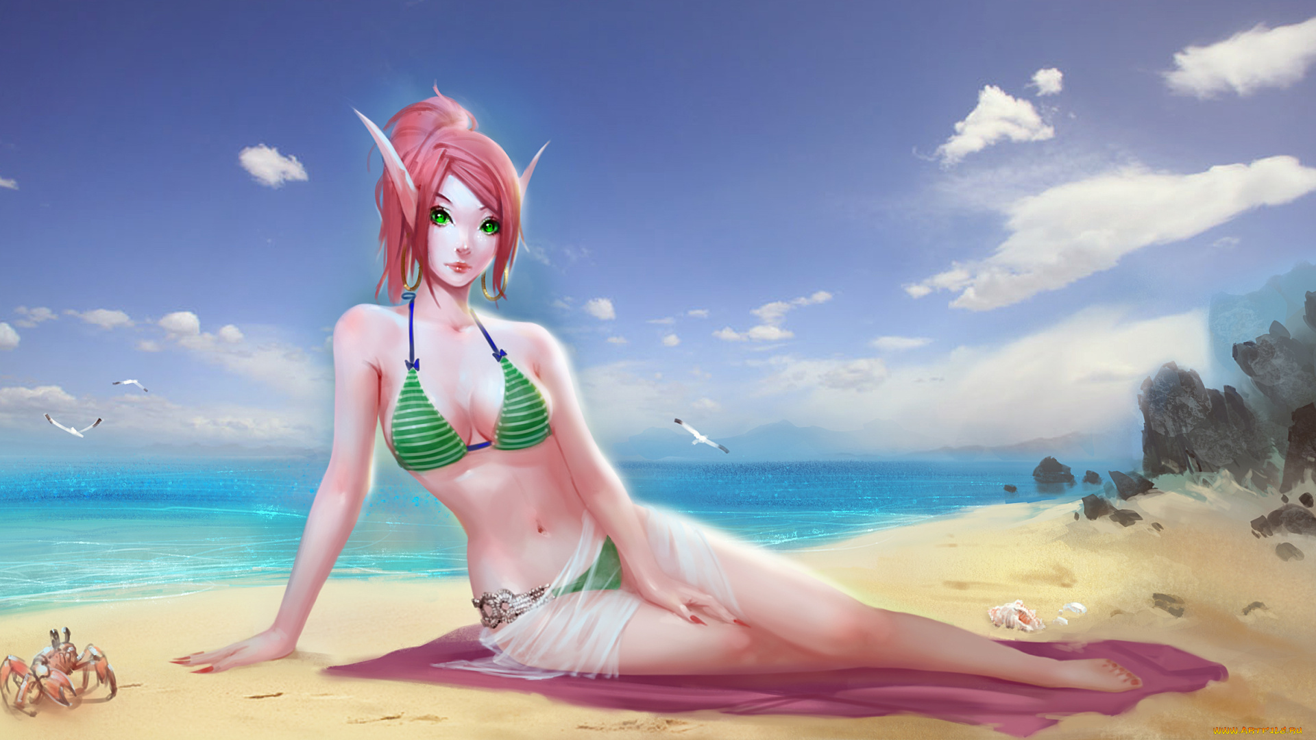 аниме, животные, , существа, девушка, фон, взгляд, пляж, купальник