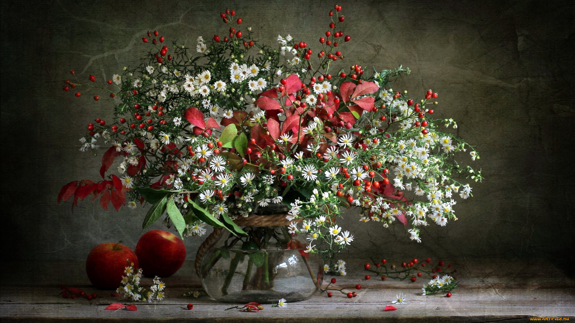 цветы, букеты, , композиции, ромашки, листья, ягоды