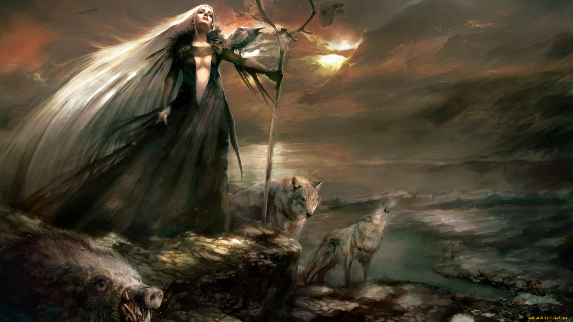 фэнтези, маги, , волшебники, девушка, посох, тучи, волки, кабан, скалы