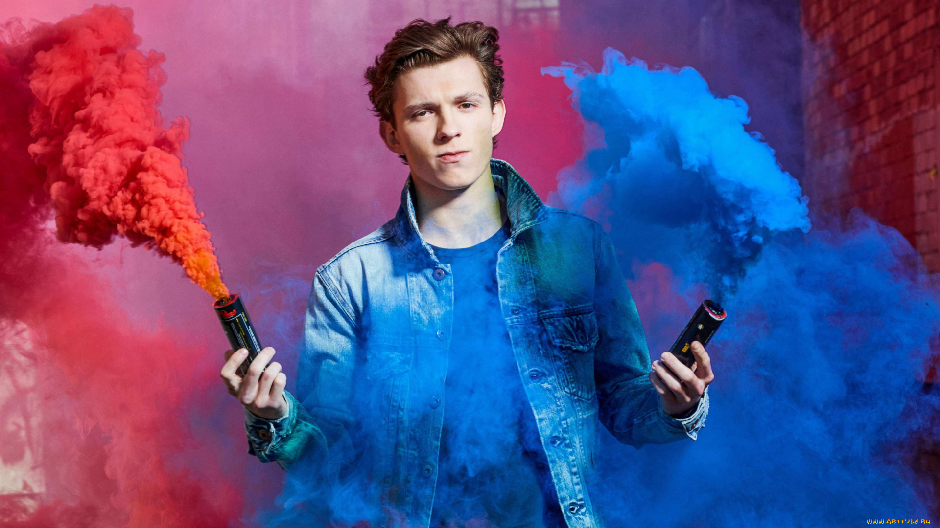 мужчины, tom, holland, актер, куртка, дым, цвета
